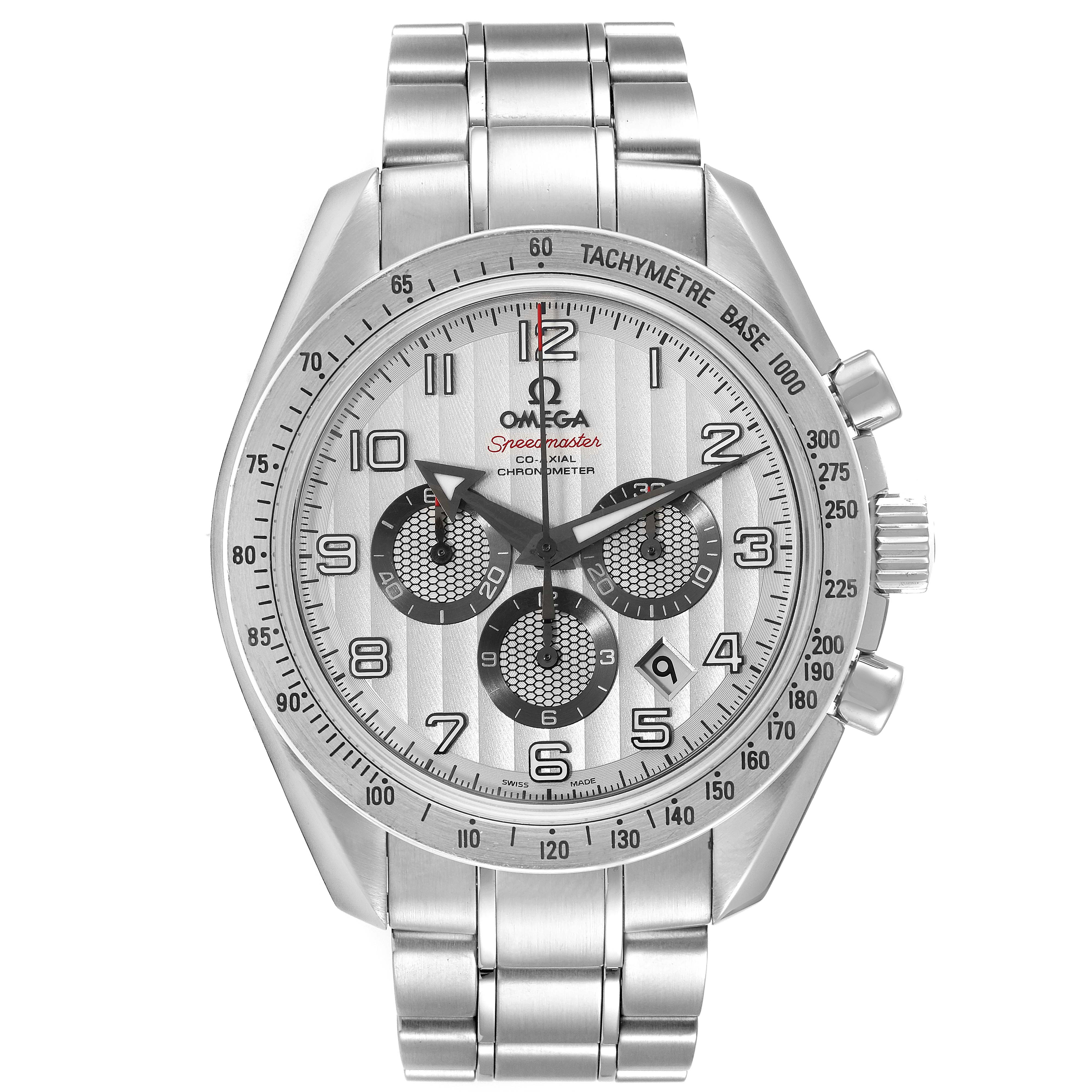 The Omega Speedmaster 321.10.44.50.02.001 Men's Stainless Steel Silver Dial 321.10.44.50.02.001 Men's Stainless Steel Silver Dial watch is shown from a front angle, displaying the face, hands, sub-dials, and metal bracelet.