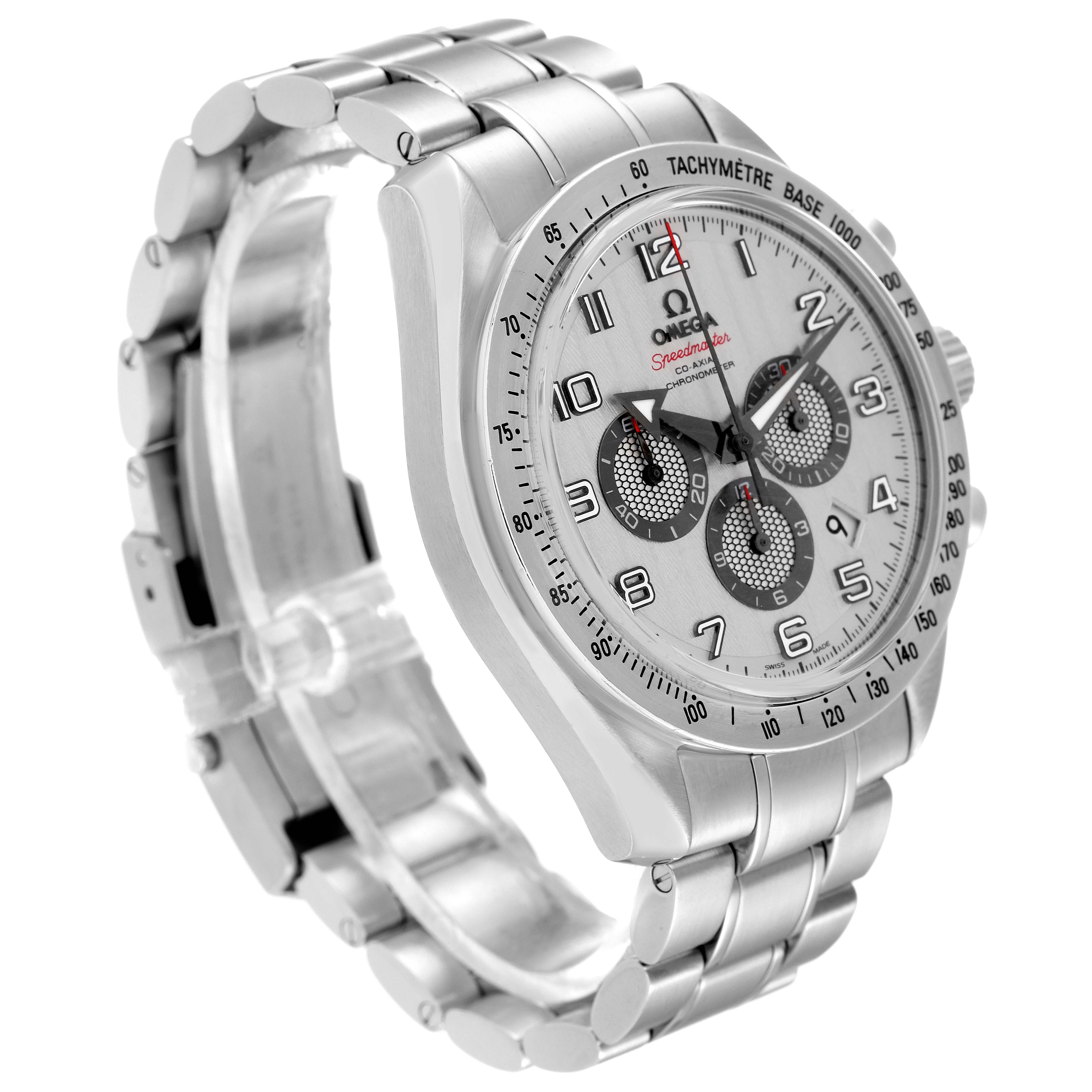 The image shows a side angle of the Omega Speedmaster 321.10.44.50.02.001 Men's Stainless Steel Silver Dial 321.10.44.50.02.001 Men's Stainless Steel Silver Dial watch highlighting its dial, tachymeter, and metal bracelet.