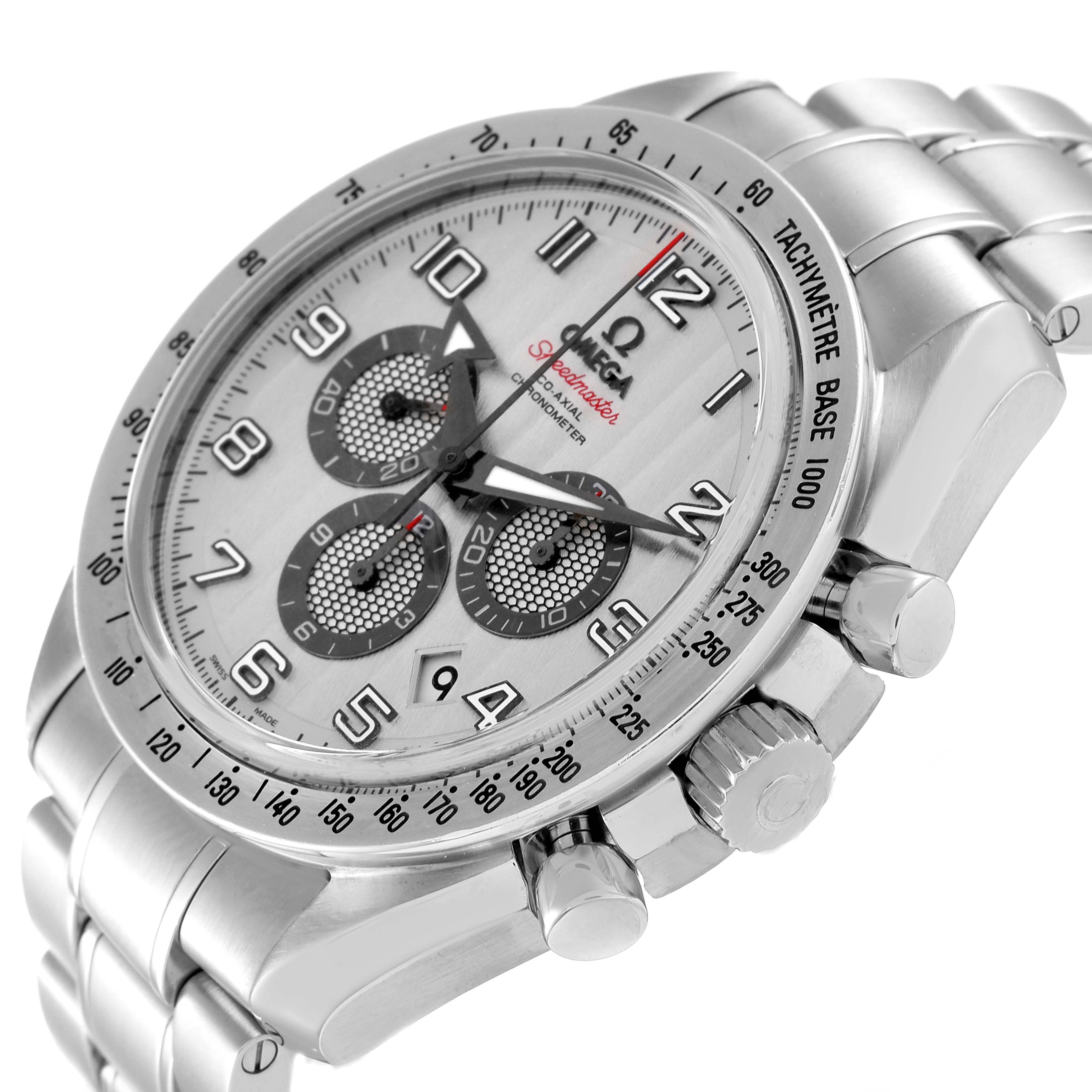 This image shows a close-up, angled view of an Omega Speedmaster 321.10.44.50.02.001 Men's Stainless Steel Silver Dial 321.10.44.50.02.001 Men's Stainless Steel Silver Dial watch, highlighting the dial, tachymeter, and chronograph pushers.