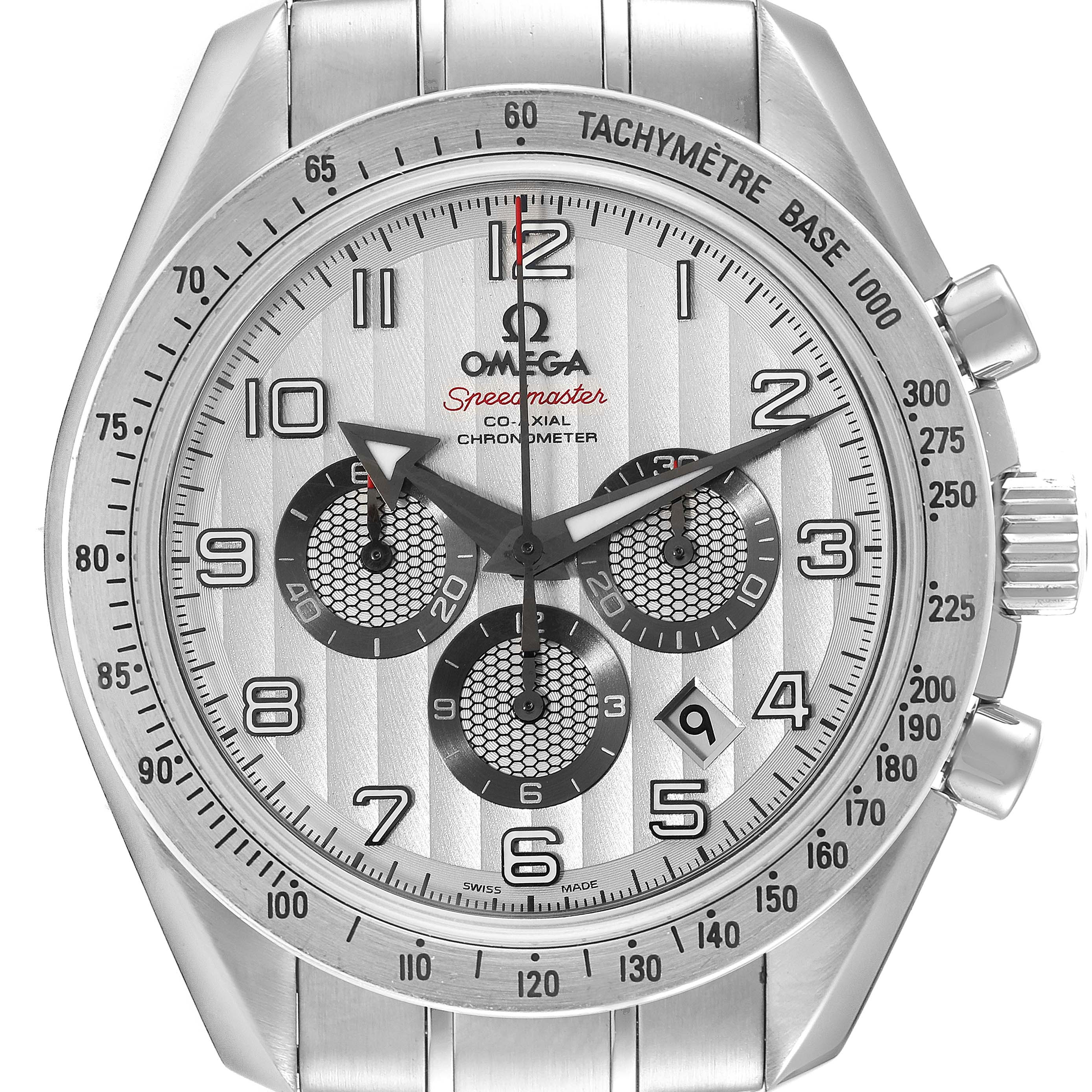 The image shows a frontal view of the Omega Speedmaster 321.10.44.50.02.001 Men's Stainless Steel Silver Dial 321.10.44.50.02.001 Men's Stainless Steel Silver Dial watch, displaying its dial, subdials, crown, and tachymeter bezel.