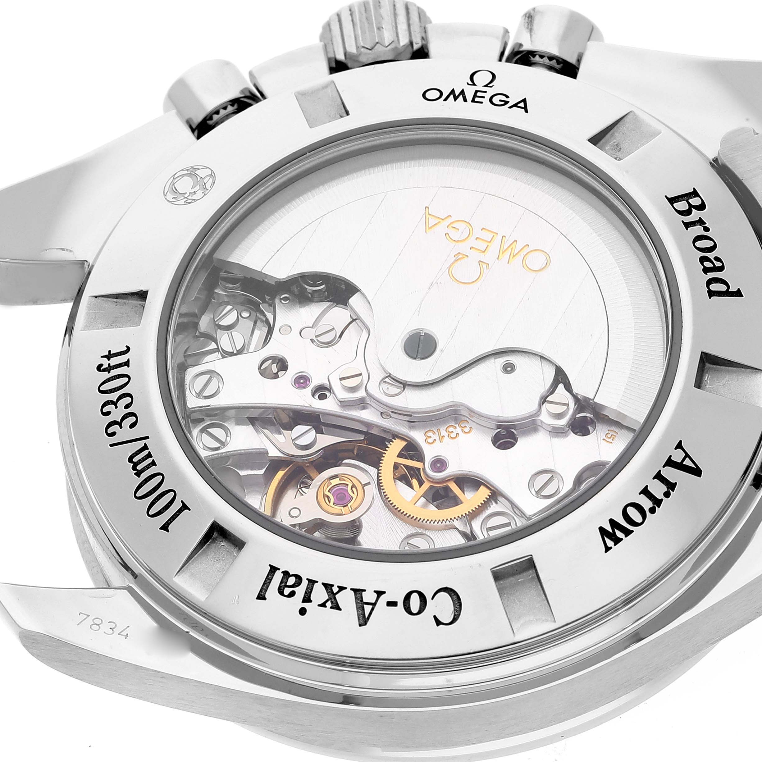 The Omega Speedmaster 321.10.44.50.02.001 Men's Stainless Steel Silver Dial 321.10.44.50.02.001 Men's Stainless Steel Silver Dial watch is shown from the back, displaying its transparent case back and internal mechanical components.