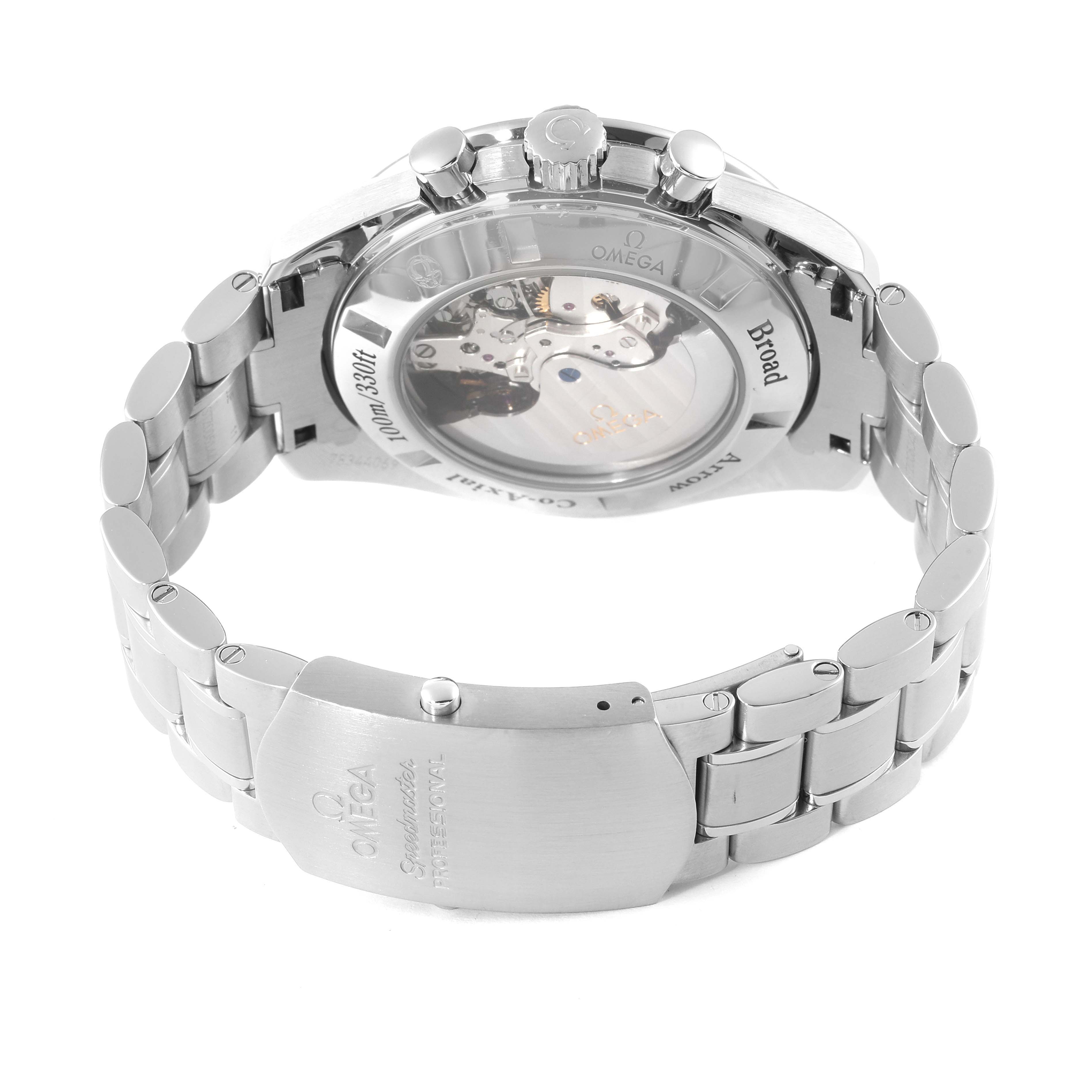 The image shows a rear view of the Omega Speedmaster 321.10.44.50.02.001 Men's Stainless Steel Silver Dial 321.10.44.50.02.001 Men's Stainless Steel Silver Dial watch, highlighting the case back and stainless steel bracelet.