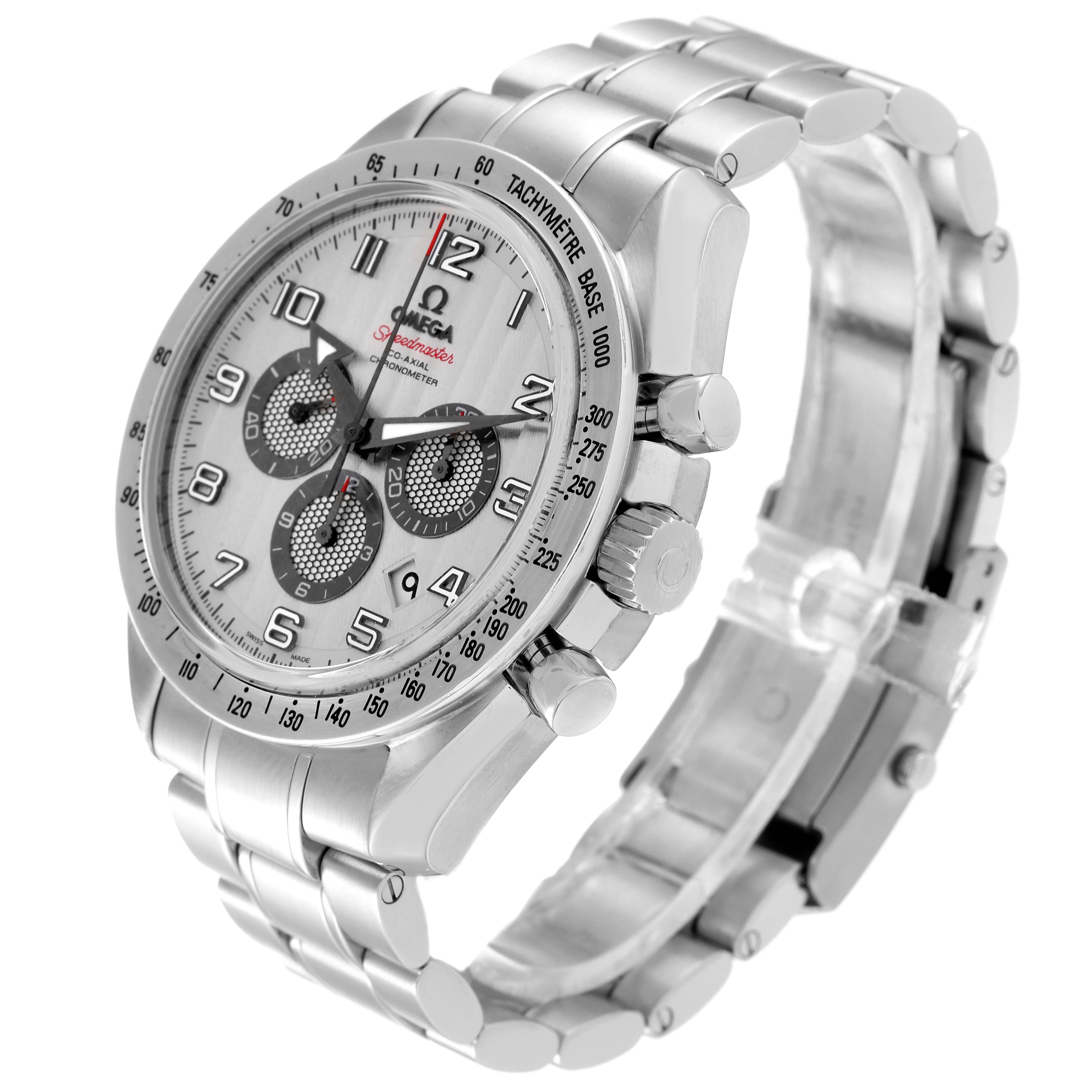 This image shows an angled view of the Omega Speedmaster 321.10.44.50.02.001 Men's Stainless Steel Silver Dial 321.10.44.50.02.001 Men's Stainless Steel Silver Dial watch, highlighting its face, bezel, crown, pushers, and stainless steel bracelet.