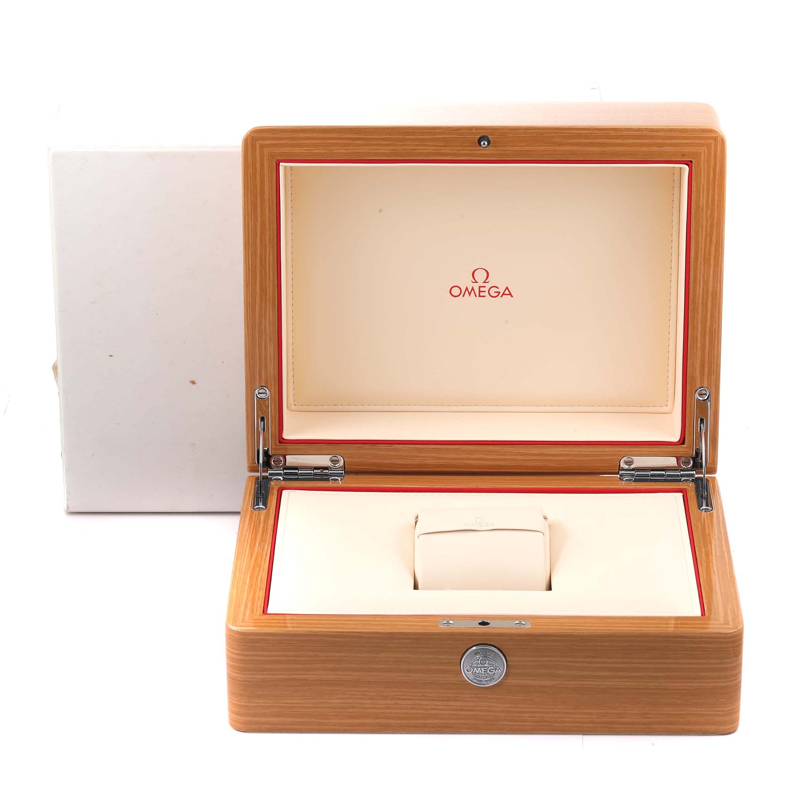 The image shows an open Omega Speedmaster 321.10.44.50.02.001 Men's Stainless Steel Silver Dial 321.10.44.50.02.001 Men's Stainless Steel Silver Dial watch box with the interior and hinge mechanism visible.