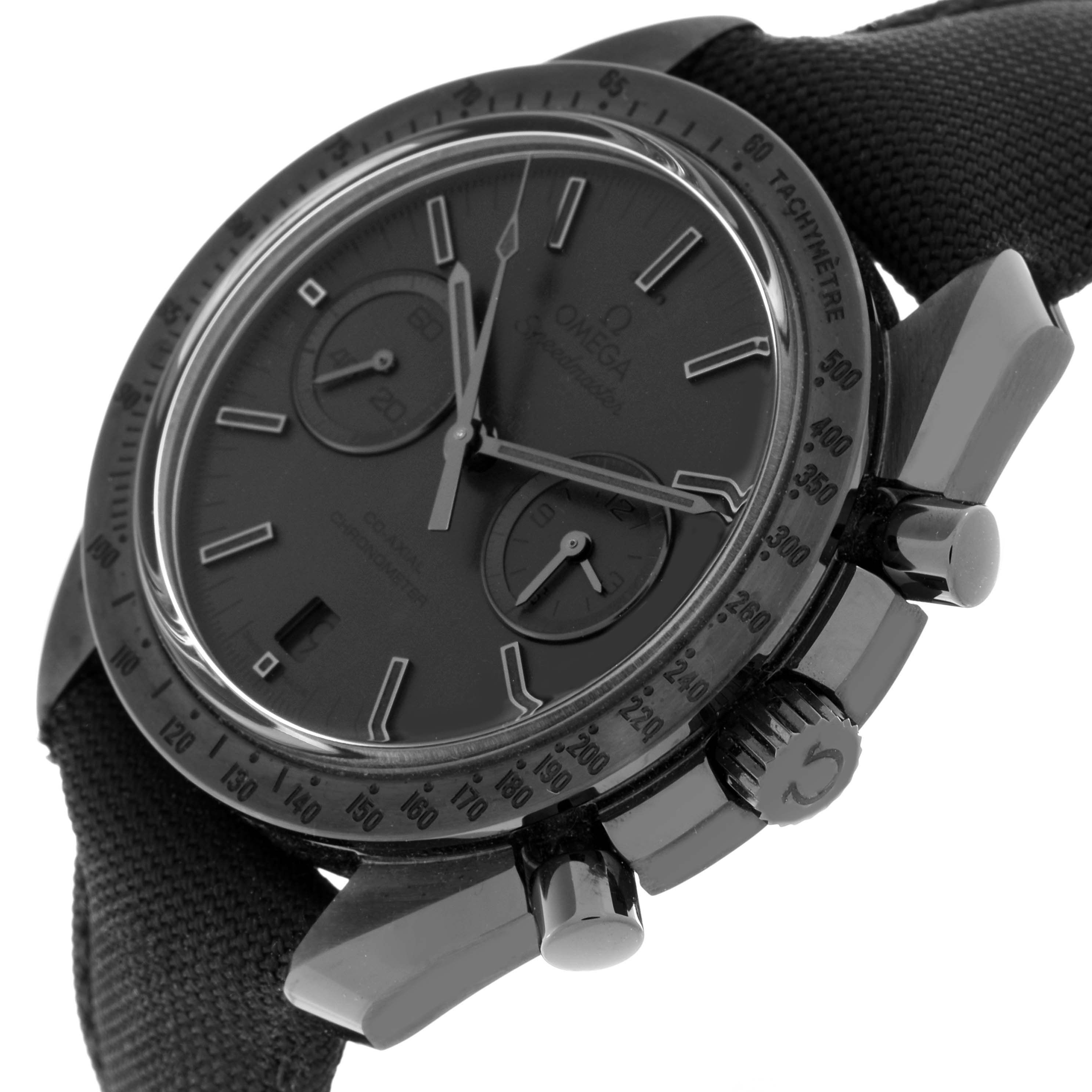 The image shows an Omega Speedmaster 311.92.44.51.01.005 Men's Ceramic Black Dial 311.92.44.51.01.005 Men's Ceramic Black Dial watch angled from the lower right, highlighting the bezel, dial, crown, and pushers.