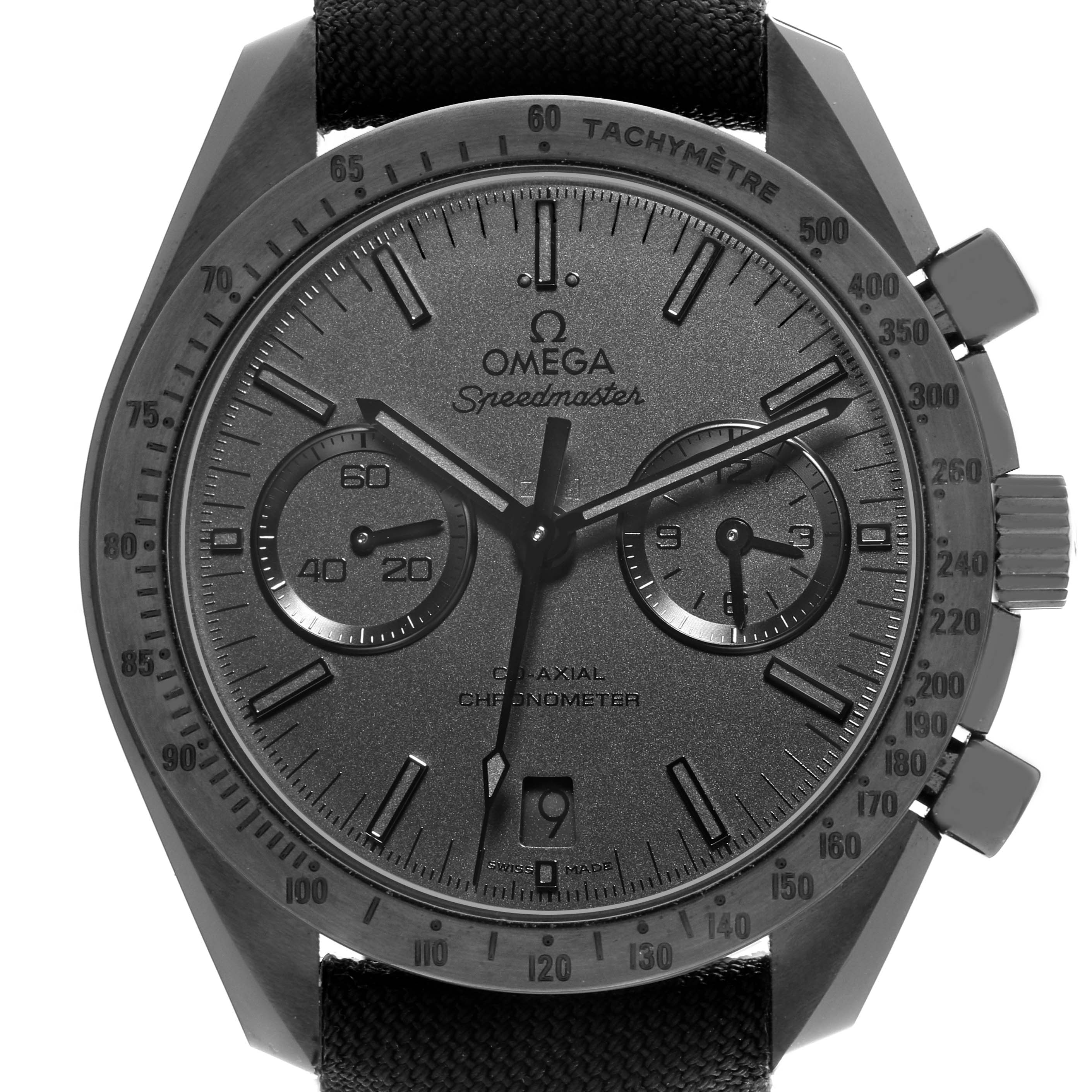 The image shows a front view of the Omega Speedmaster 311.92.44.51.01.005 Men's Ceramic Black Dial 311.92.44.51.01.005 Men's Ceramic Black Dial watch, displaying its dial, chronograph subdials, and tachymeter bezel.