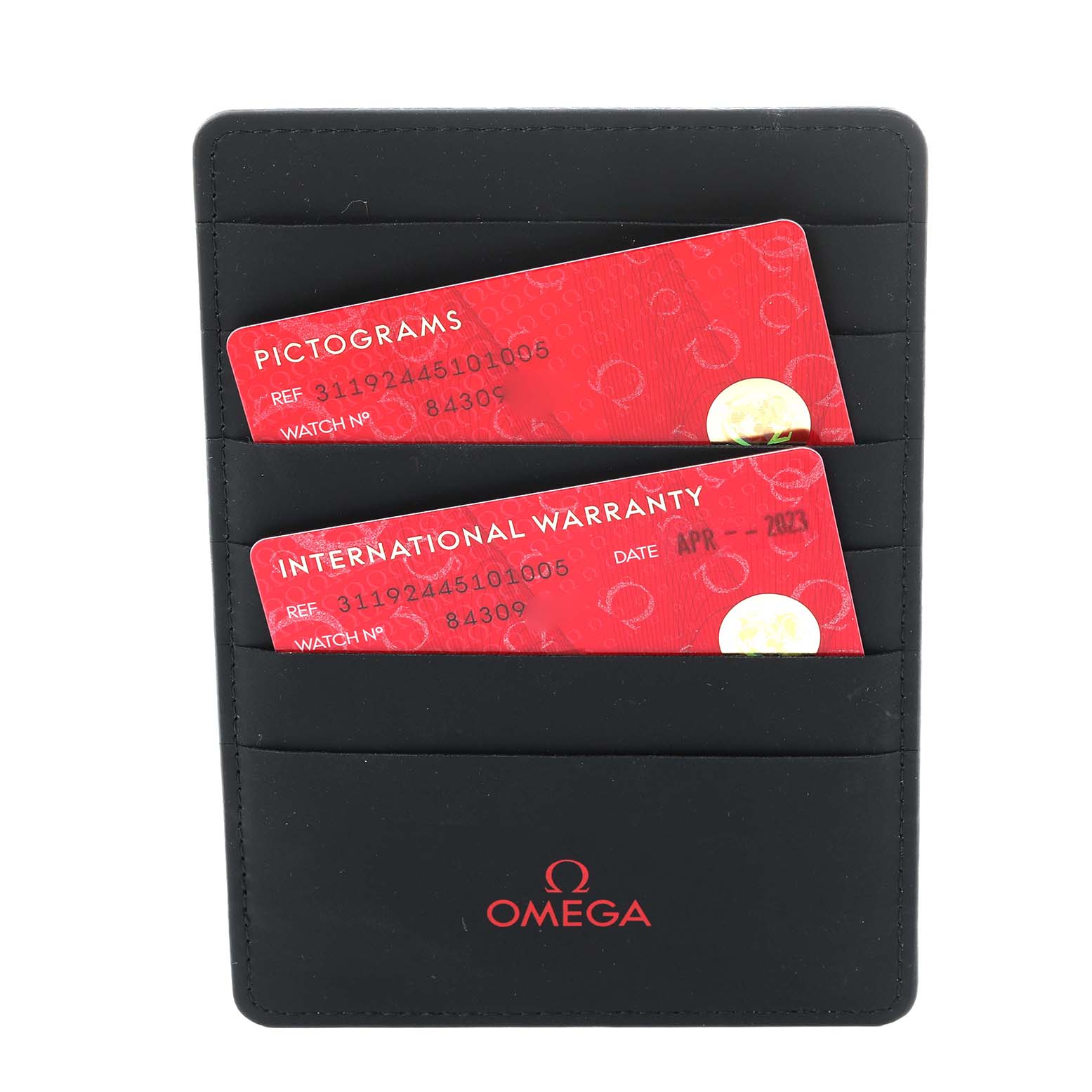 This image shows international warranty and pictogram cards in a black Omega cardholder for the Speedmaster model.