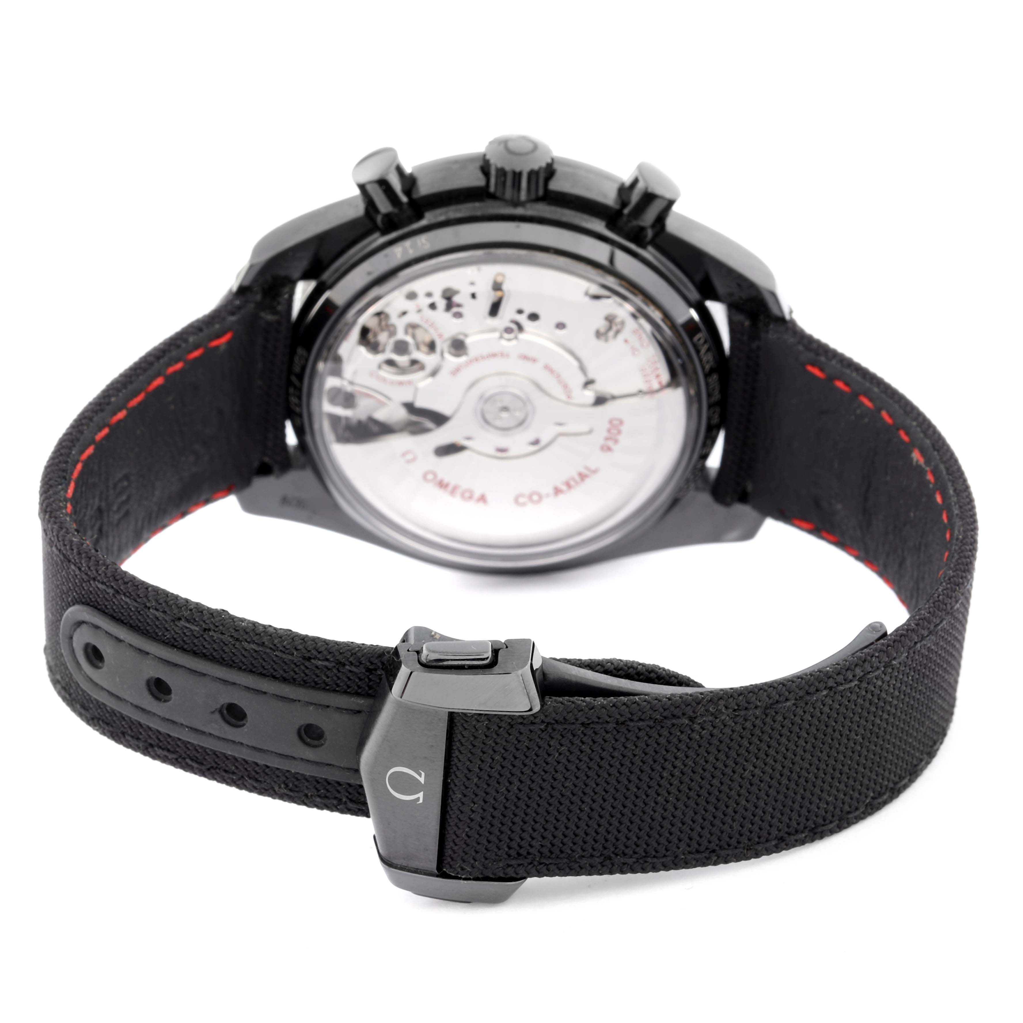 The image shows the back view of the Omega Speedmaster 311.92.44.51.01.005 Men's Ceramic Black Dial 311.92.44.51.01.005 Men's Ceramic Black Dial watch, highlighting its transparent case back, strap, and clasp.