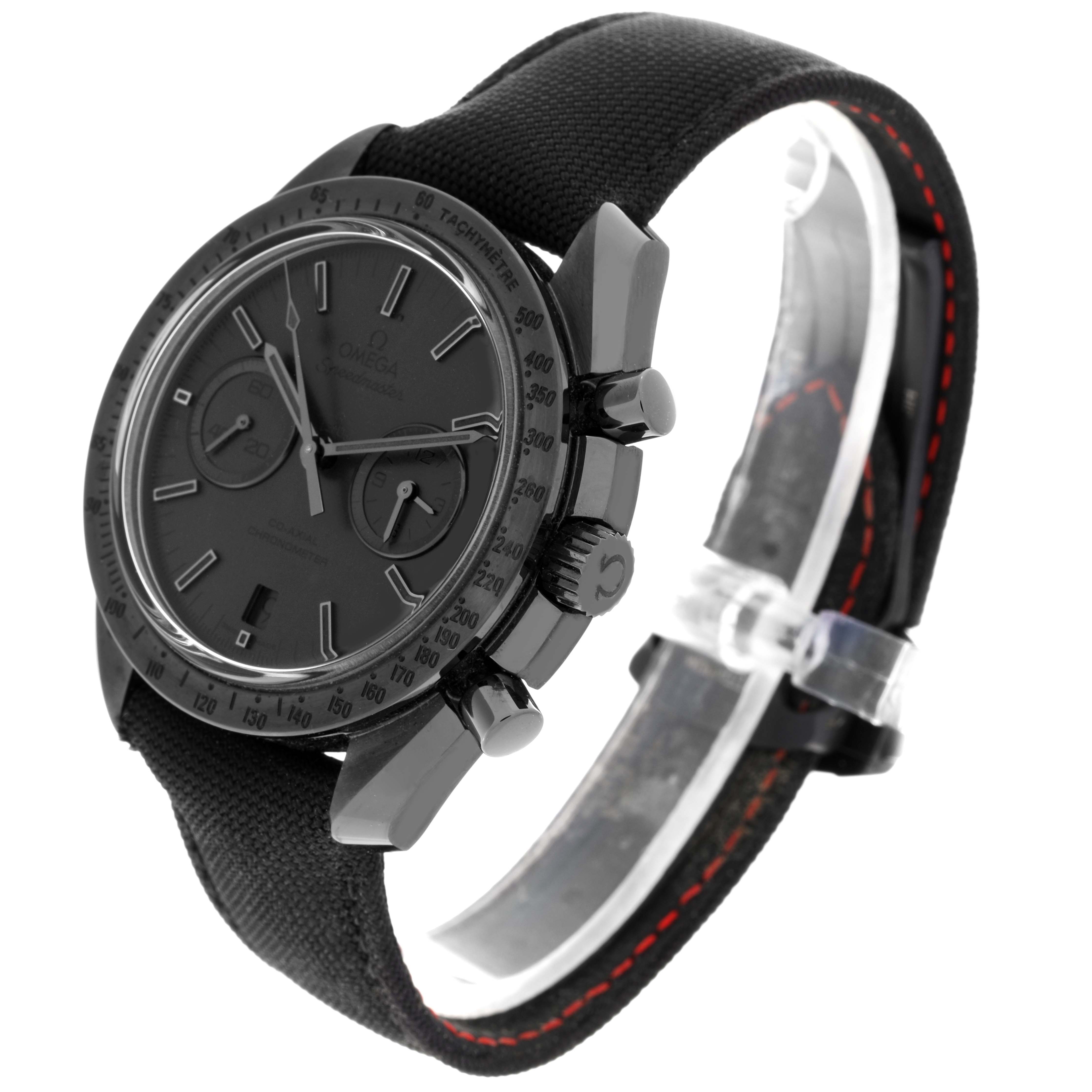 The Omega Speedmaster 311.92.44.51.01.005 Men's Ceramic Black Dial 311.92.44.51.01.005 Men's Ceramic Black Dial watch is shown at a three-quarter angle, displaying the dial, subdials, pushers, case, crown, and strap.