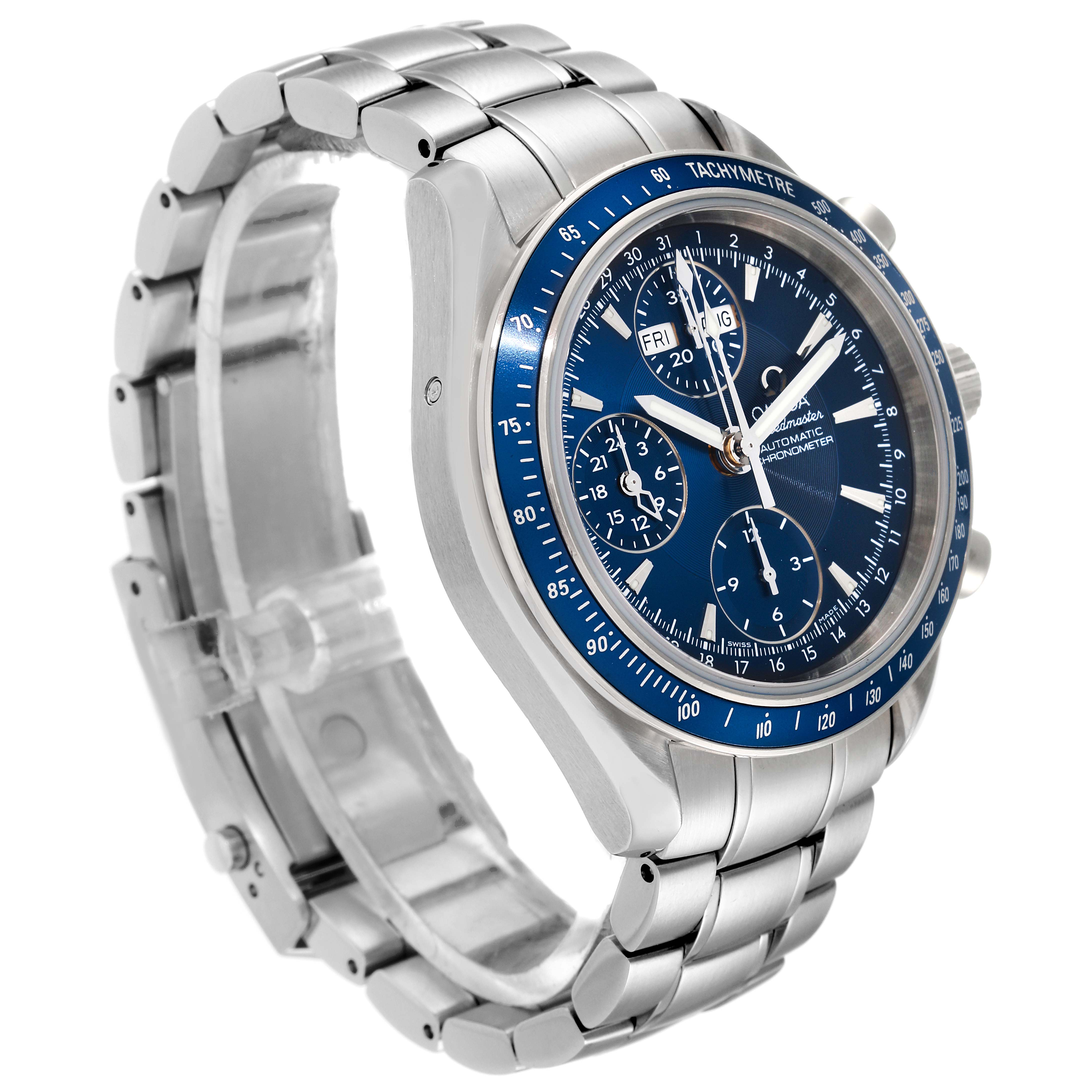 The Omega Speedmaster 3222.80.00 Men's Stainless Steel Blue Dial 3222.80.00 Men's Stainless Steel Blue Dial watch is shown in a three-quarter side angle, highlighting its dial, bezel, and metal bracelet.