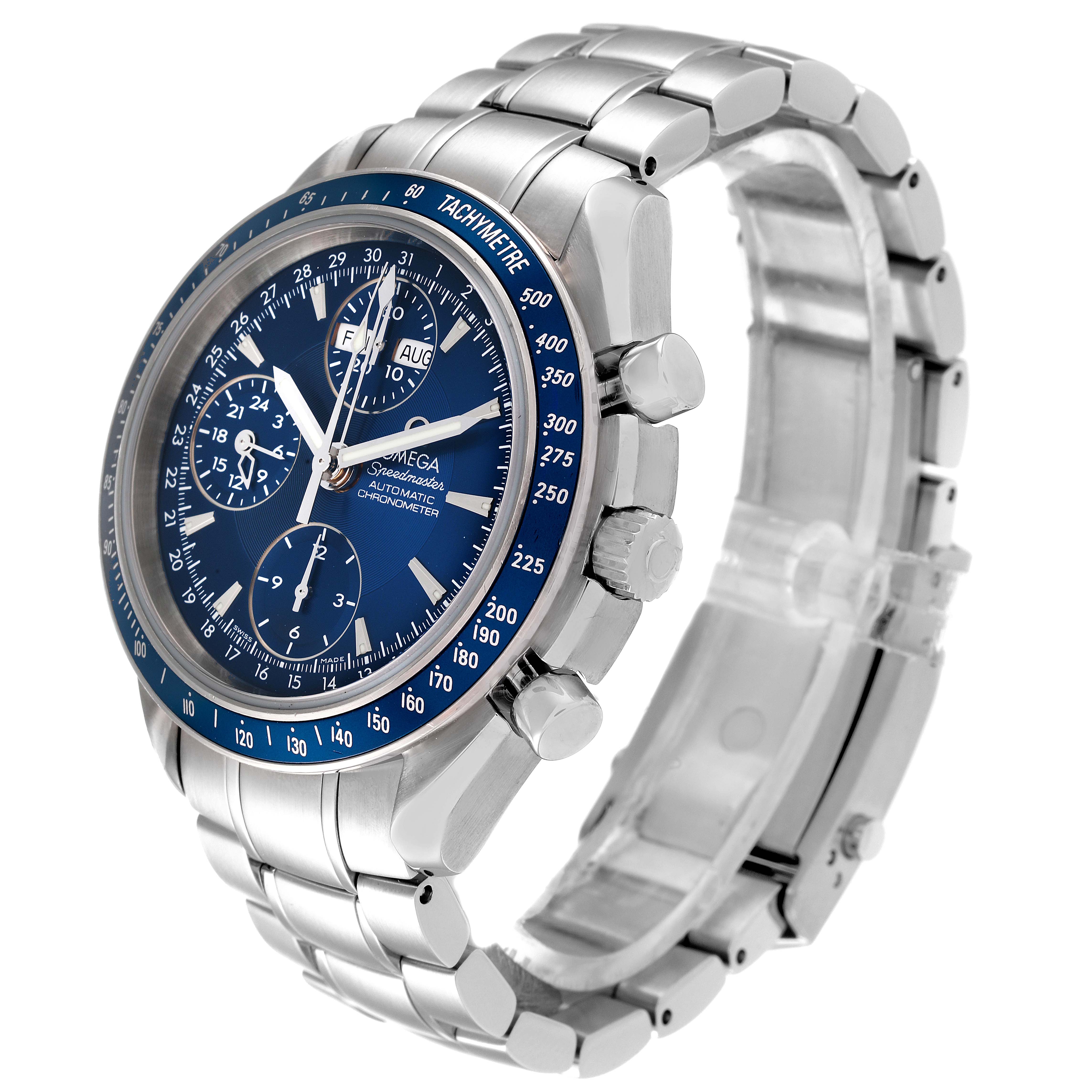 The image showcases a side angle of the Omega Speedmaster 3222.80.00 Men's Stainless Steel Blue Dial 3222.80.00 Men's Stainless Steel Blue Dial watch, highlighting the crown, pushers, and metal bracelet.