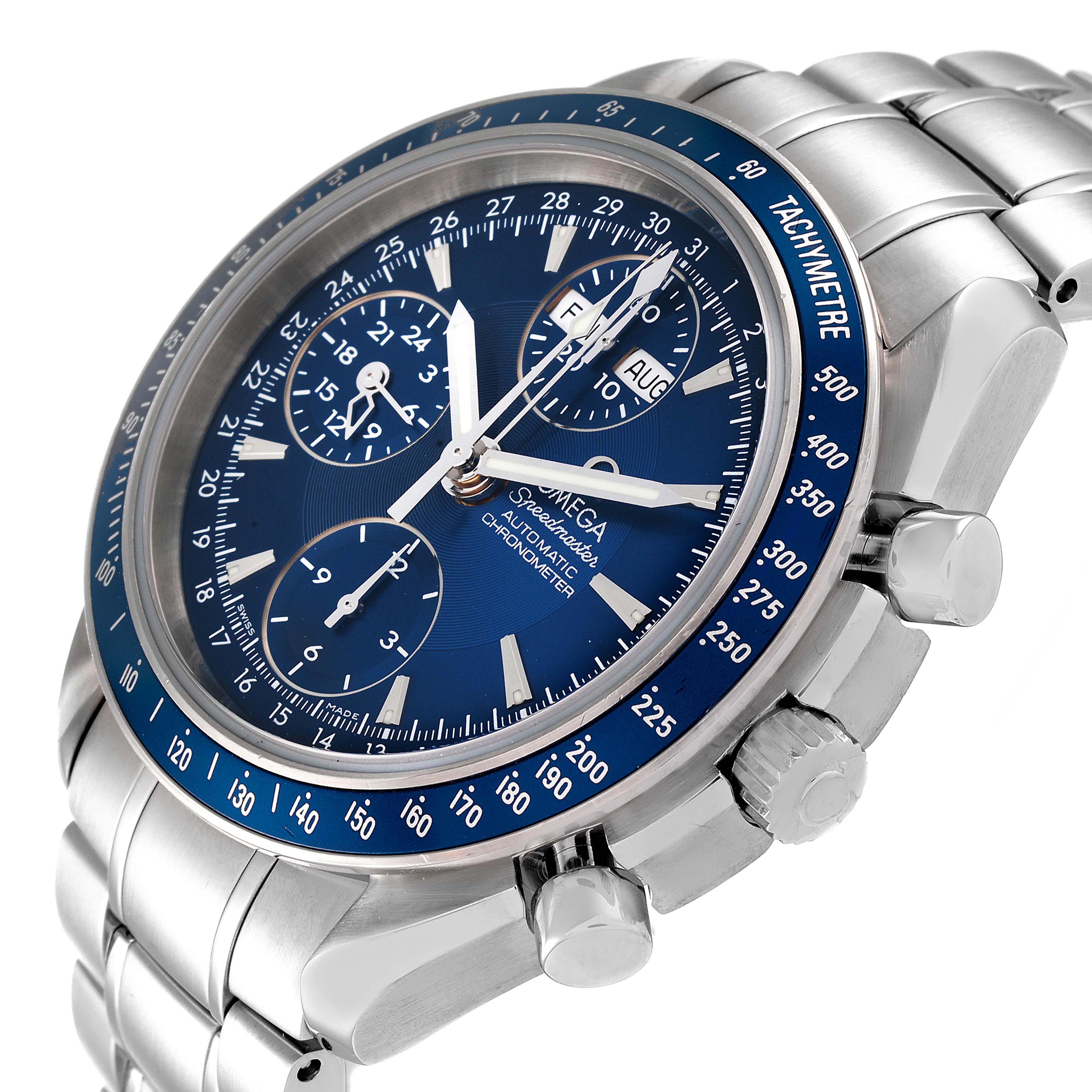 The image shows a close-up, angled view of an Omega Speedmaster 3222.80.00 Men's Stainless Steel Blue Dial 3222.80.00 Men's Stainless Steel Blue Dial watch, highlighting the watch face, bezel, and metal bracelet.