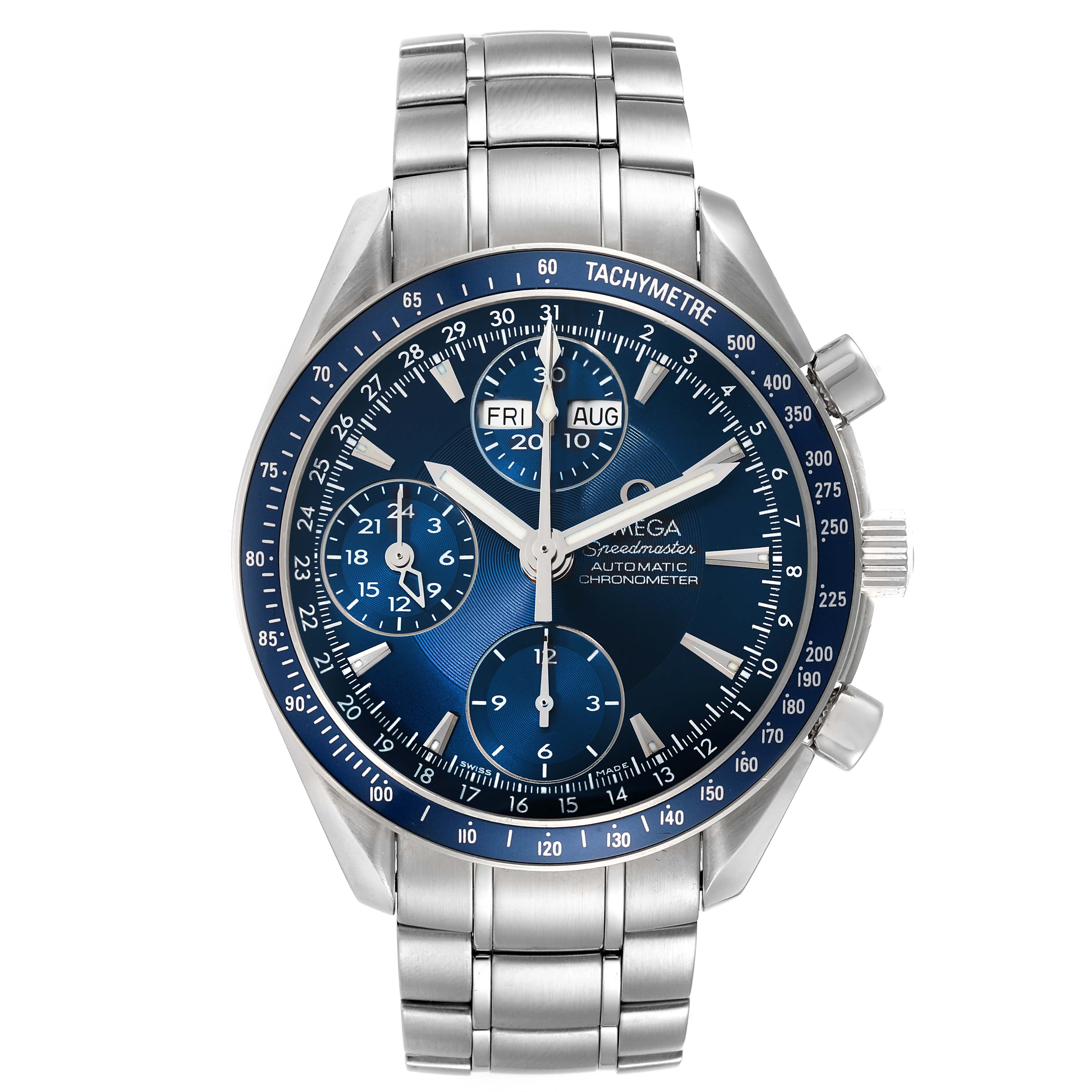 This image shows a front view of an Omega Speedmaster 3222.80.00 Men's Stainless Steel Blue Dial 3222.80.00 Men's Stainless Steel Blue Dial watch with a blue dial, stainless steel bracelet, and tachymeter bezel.