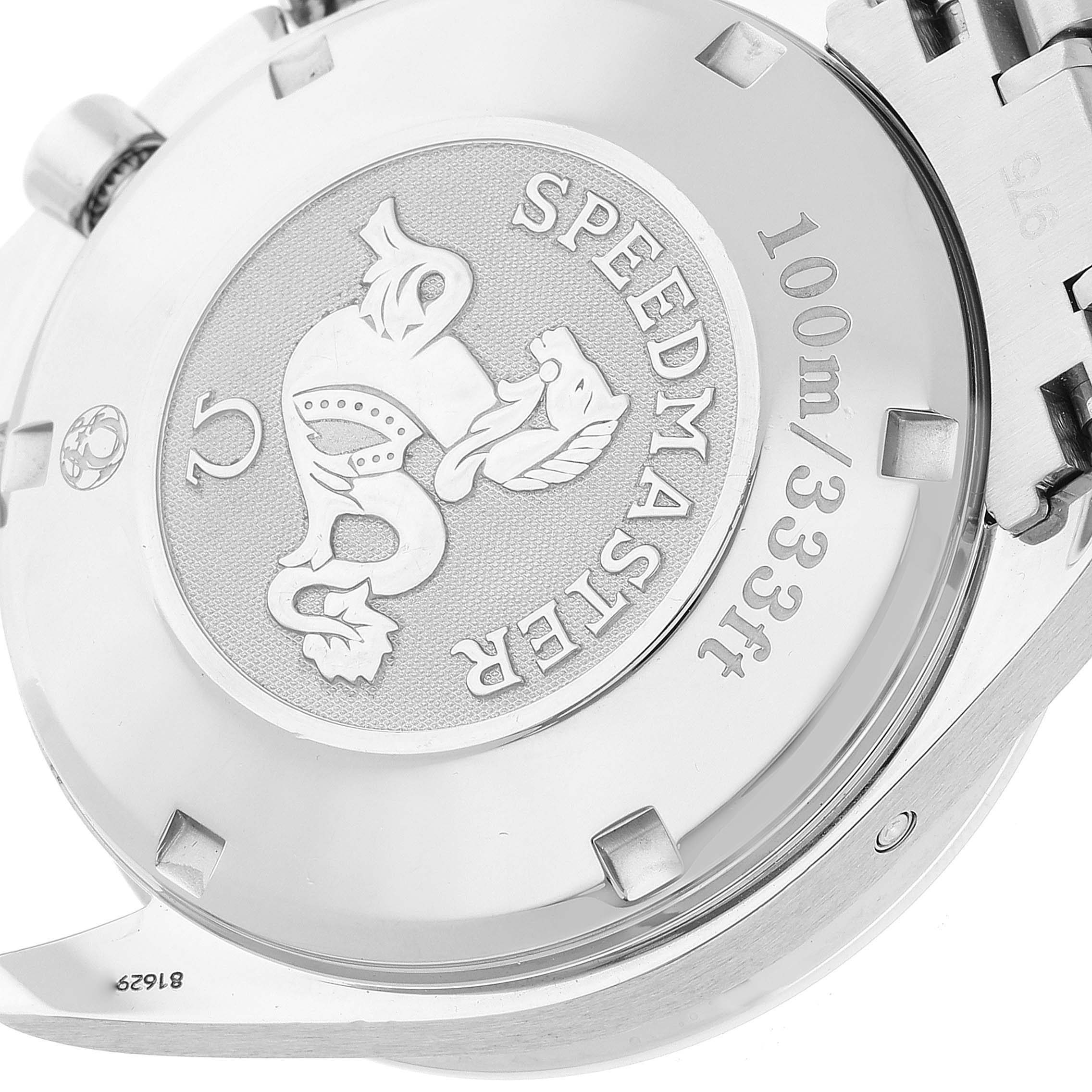 The image shows the case back of an Omega Speedmaster 3222.80.00 Men's Stainless Steel Blue Dial 3222.80.00 Men's Stainless Steel Blue Dial watch with the water resistance engraving.