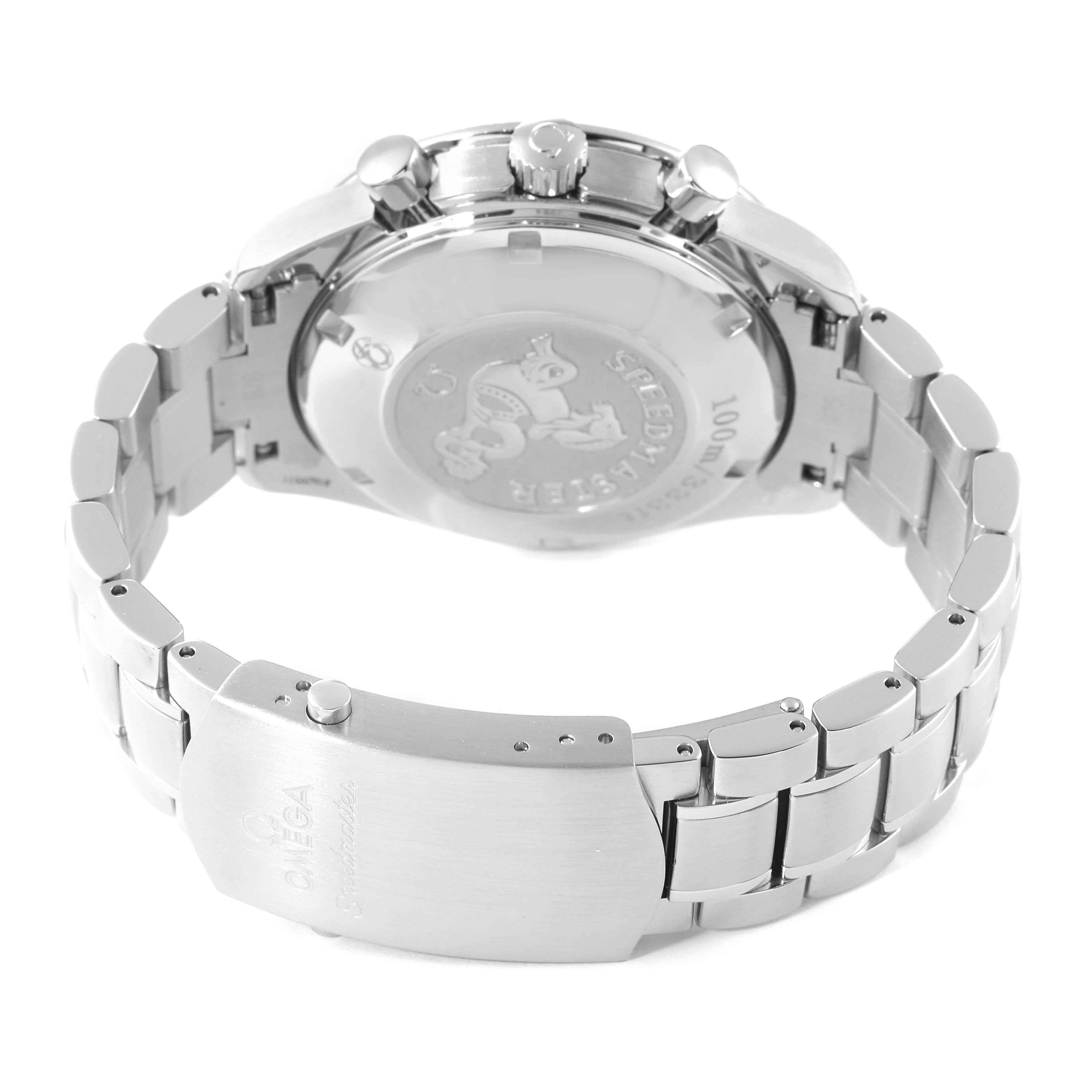 This image shows the back case and bracelet clasp of the Omega Speedmaster 3222.80.00 Men's Stainless Steel Blue Dial 3222.80.00 Men's Stainless Steel Blue Dial watch, focusing on the rear side.