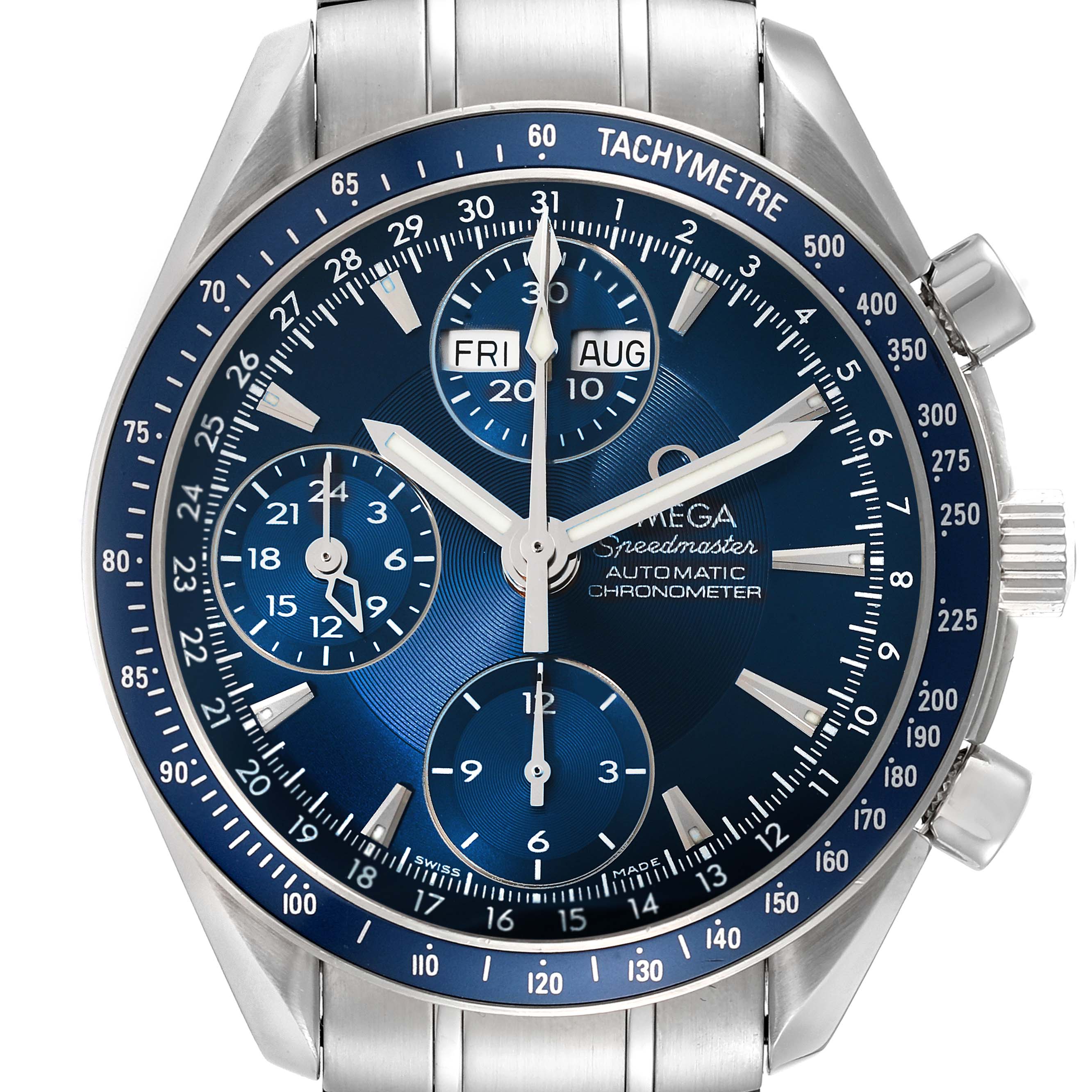 The Omega Speedmaster 3222.80.00 Men's Stainless Steel Blue Dial 3222.80.00 Men's Stainless Steel Blue Dial watch is shown from a top-front angle, highlighting the dial, tachymeter bezel, and side buttons.