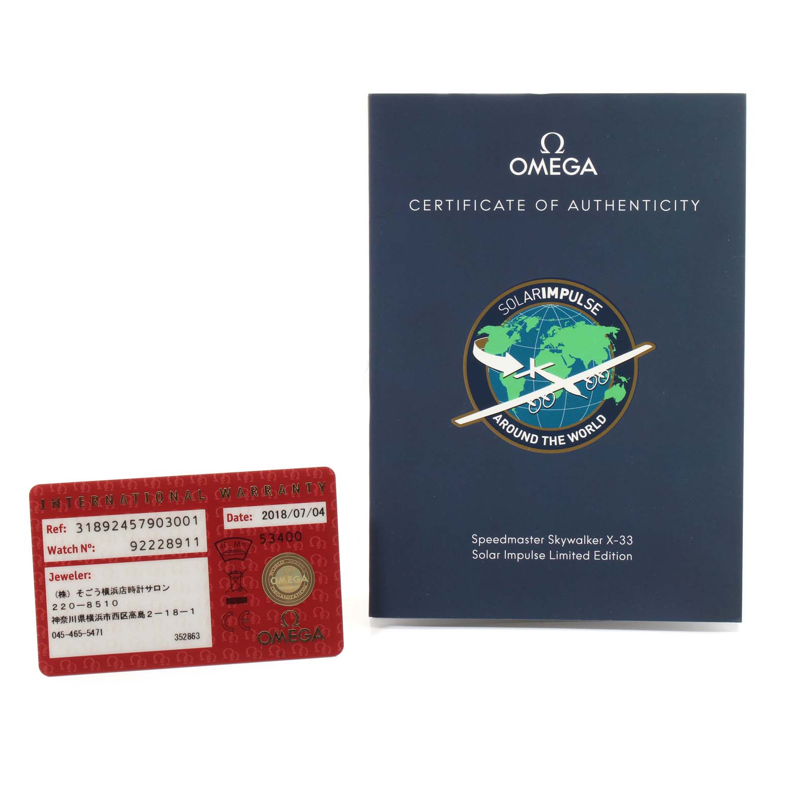 The image displays an Omega Speedmaster 318.92.45.79.03.001 Men's Platinum Blue Dial 318.92.45.79.03.001 Men's Platinum Blue Dial Skywalker X-33 Solar Impulse Limited Edition certificate of authenticity and warranty card.