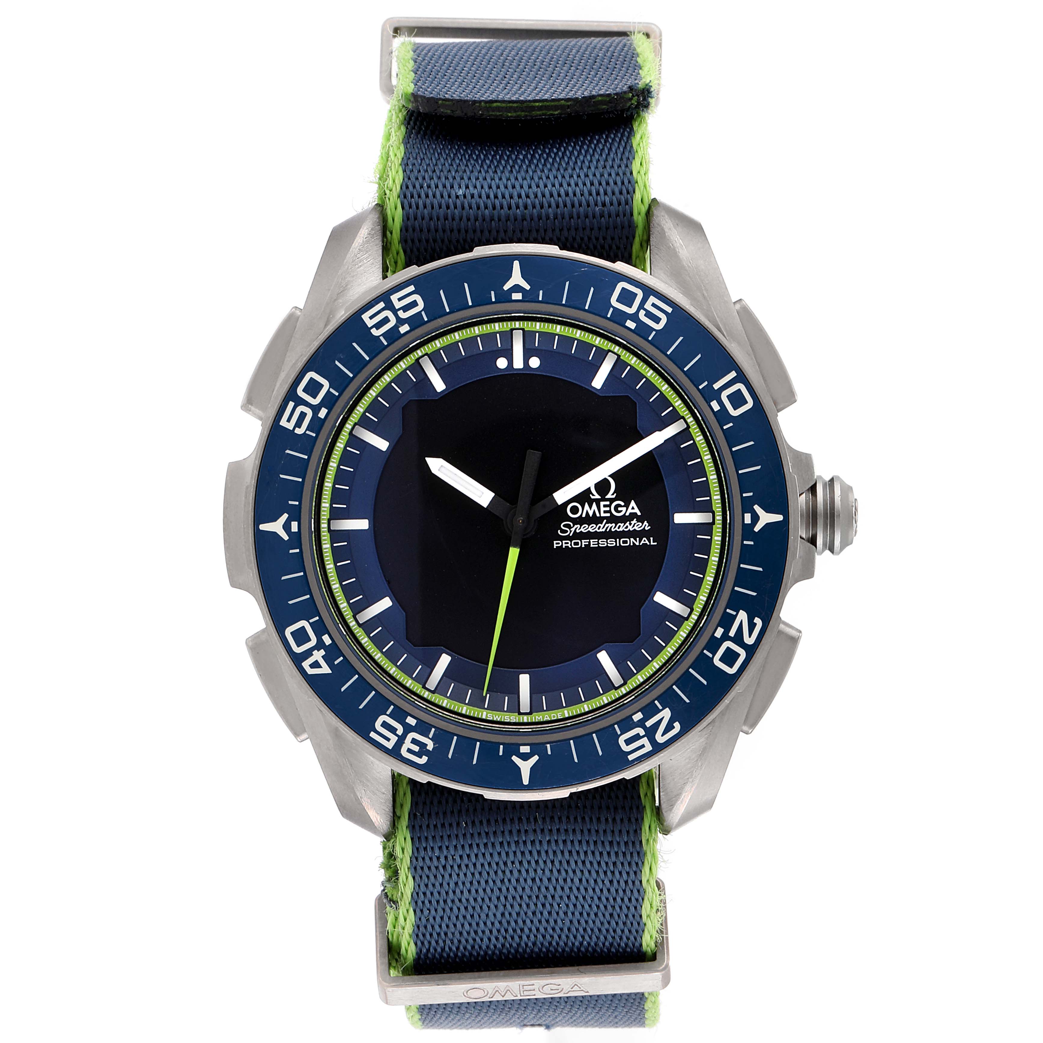 The image shows the front view of an Omega Speedmaster 318.92.45.79.03.001 Men's Platinum Blue Dial 318.92.45.79.03.001 Men's Platinum Blue Dial watch with a navy and green fabric strap.