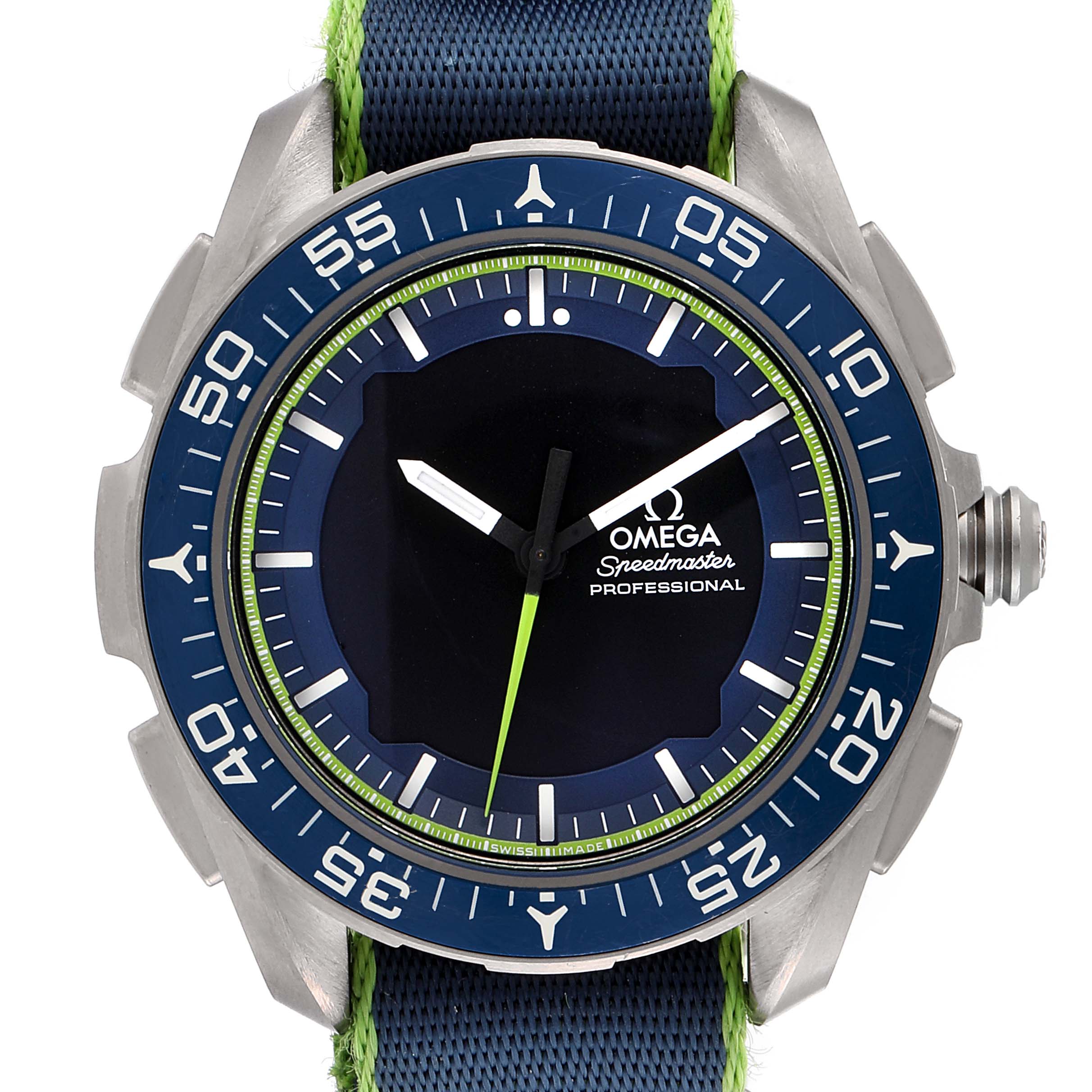 A front view of the Omega Speedmaster 318.92.45.79.03.001 Men's Platinum Blue Dial 318.92.45.79.03.001 Men's Platinum Blue Dial Professional watch showing the dial, bezel, hands, and part of the strap.