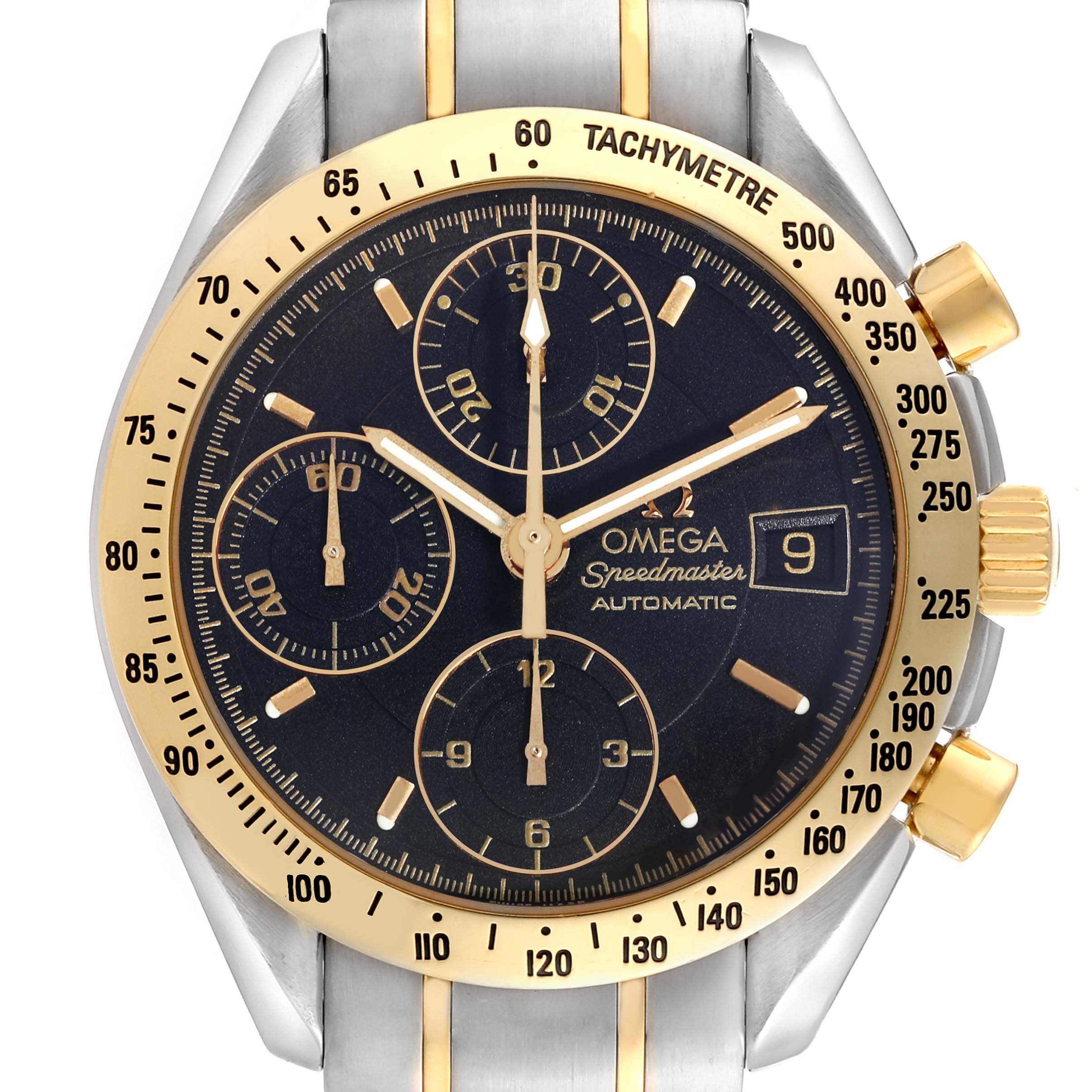 The image shows a frontal view of an Omega Speedmaster 3313.50.00 Men's Steel and Gold (two tone) Black Dial 3313.50.00 Men's Steel and Gold (two tone) Black Dial watch with a tachymeter, subdials, and a date display.