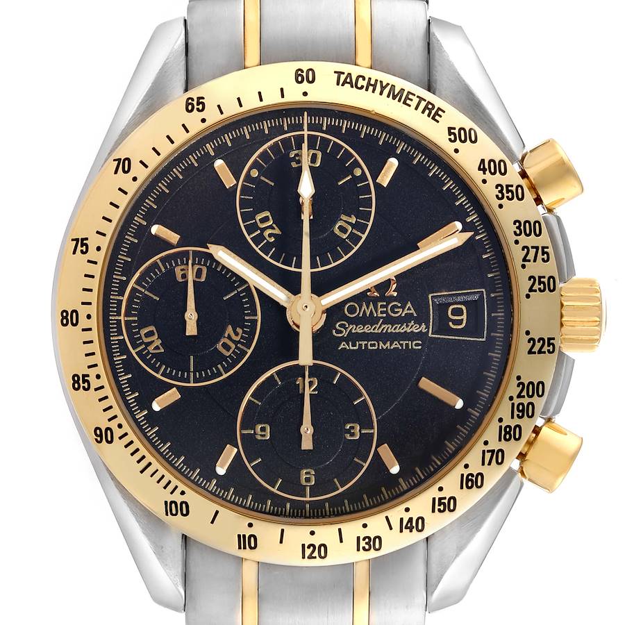 The image shows a frontal view of an Omega Speedmaster watch with a tachymeter, subdials, and a date display.