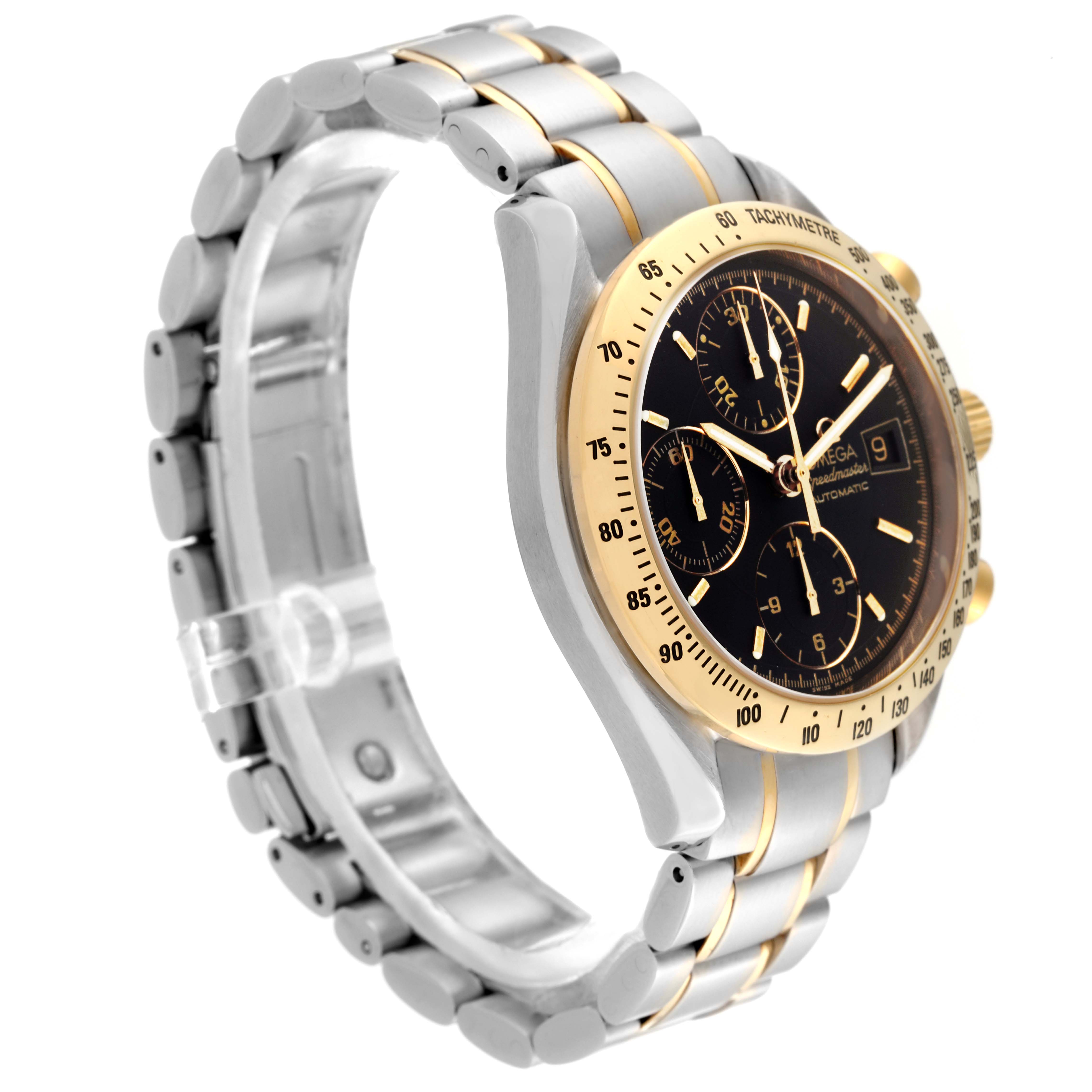 This image shows an Omega Speedmaster 3313.50.00 Men's Steel and Gold (two tone) Black Dial 3313.50.00 Men's Steel and Gold (two tone) Black Dial watch at a three-quarter angle, revealing the dial, bezel, and part of the bracelet.