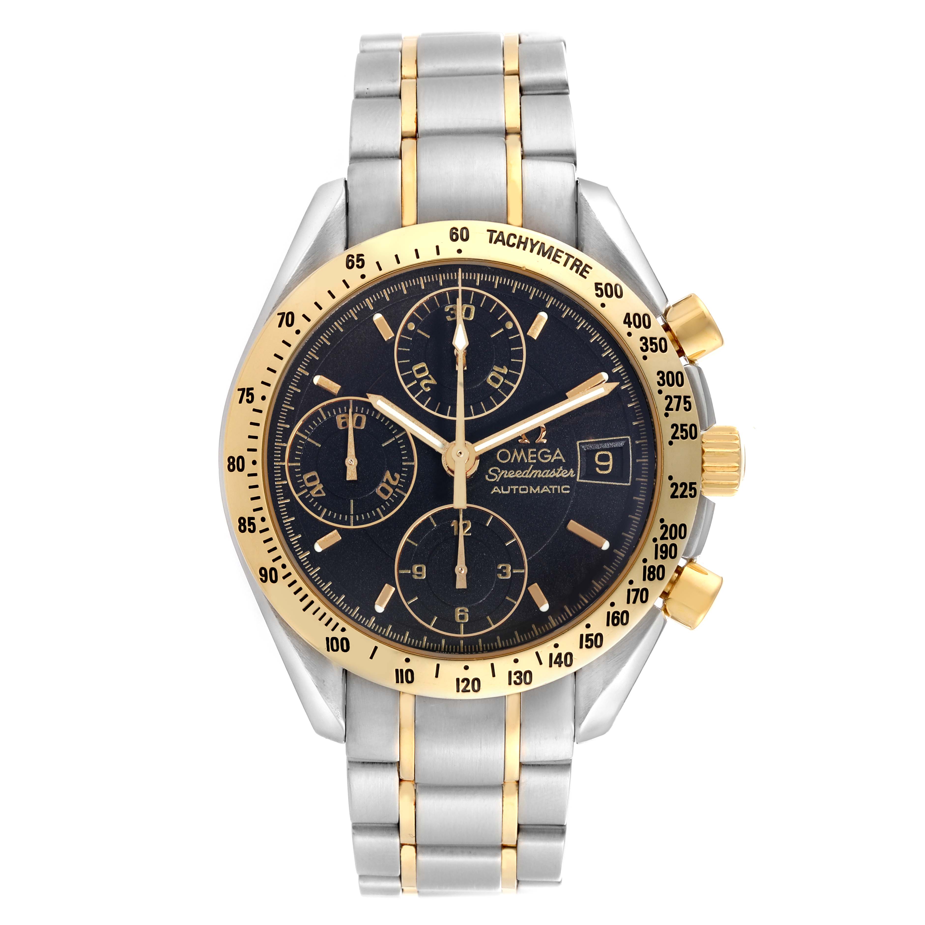 This image shows a front view of the Omega Speedmaster 3313.50.00 Men's Steel and Gold (two tone) Black Dial 3313.50.00 Men's Steel and Gold (two tone) Black Dial watch, highlighting its dial, bezel, crown, and bracelet.