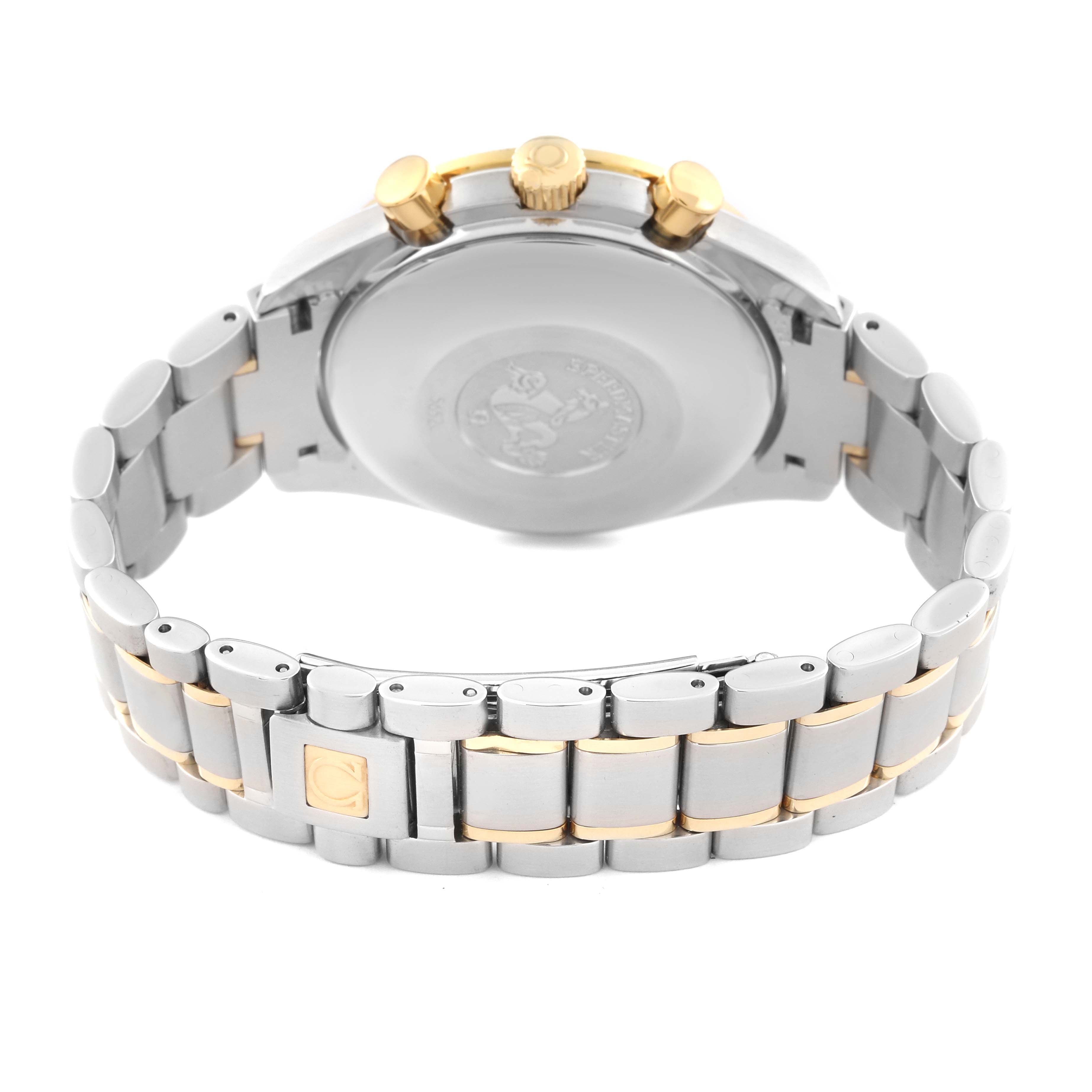 The image shows the back case and bracelet of an Omega Speedmaster 3313.50.00 Men's Steel and Gold (two tone) Black Dial 3313.50.00 Men's Steel and Gold (two tone) Black Dial, highlighting its two-tone metal links and clasp.