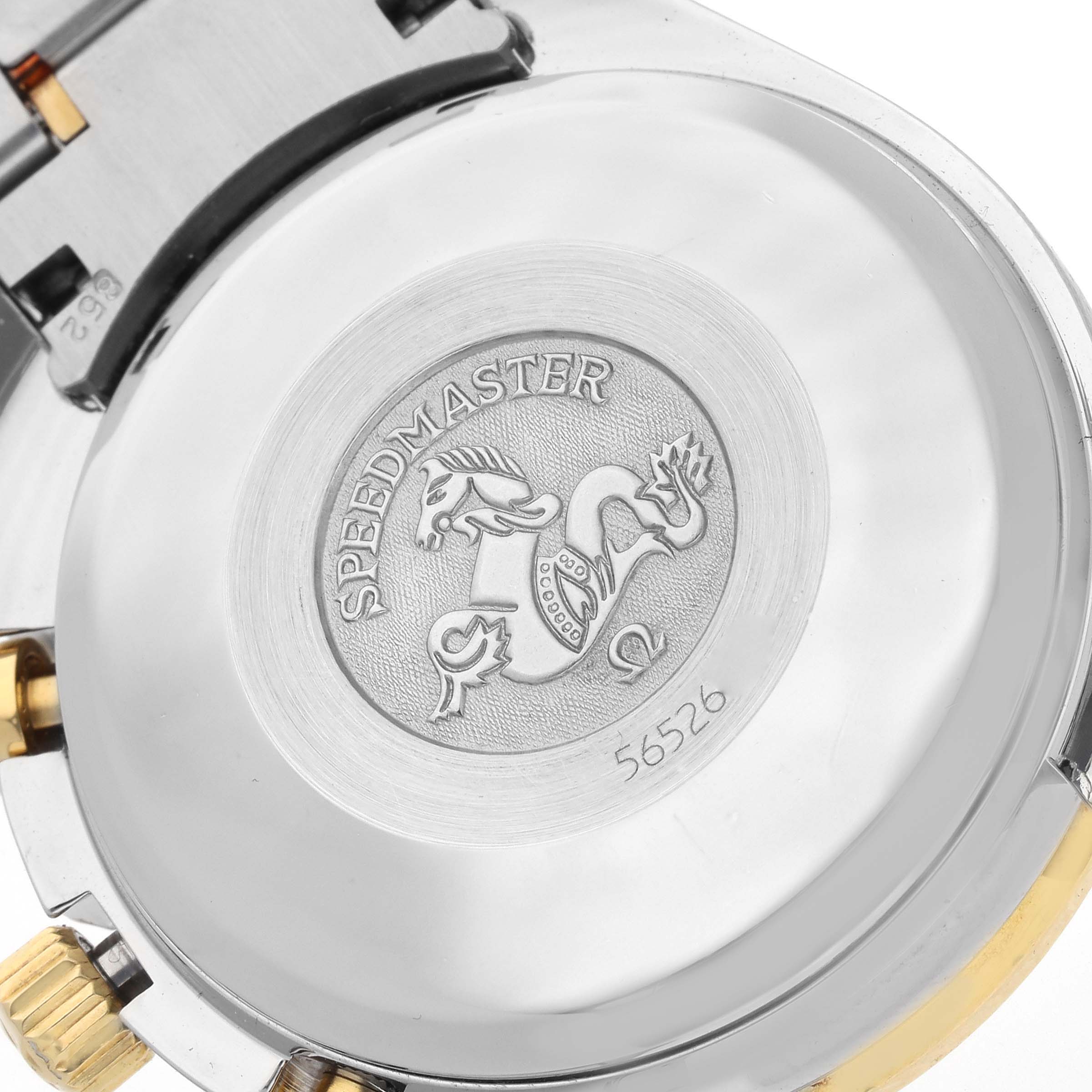 The image shows the case back of an Omega Speedmaster 3313.50.00 Men's Steel and Gold (two tone) Black Dial 3313.50.00 Men's Steel and Gold (two tone) Black Dial watch, highlighting the engraved logo and model name.