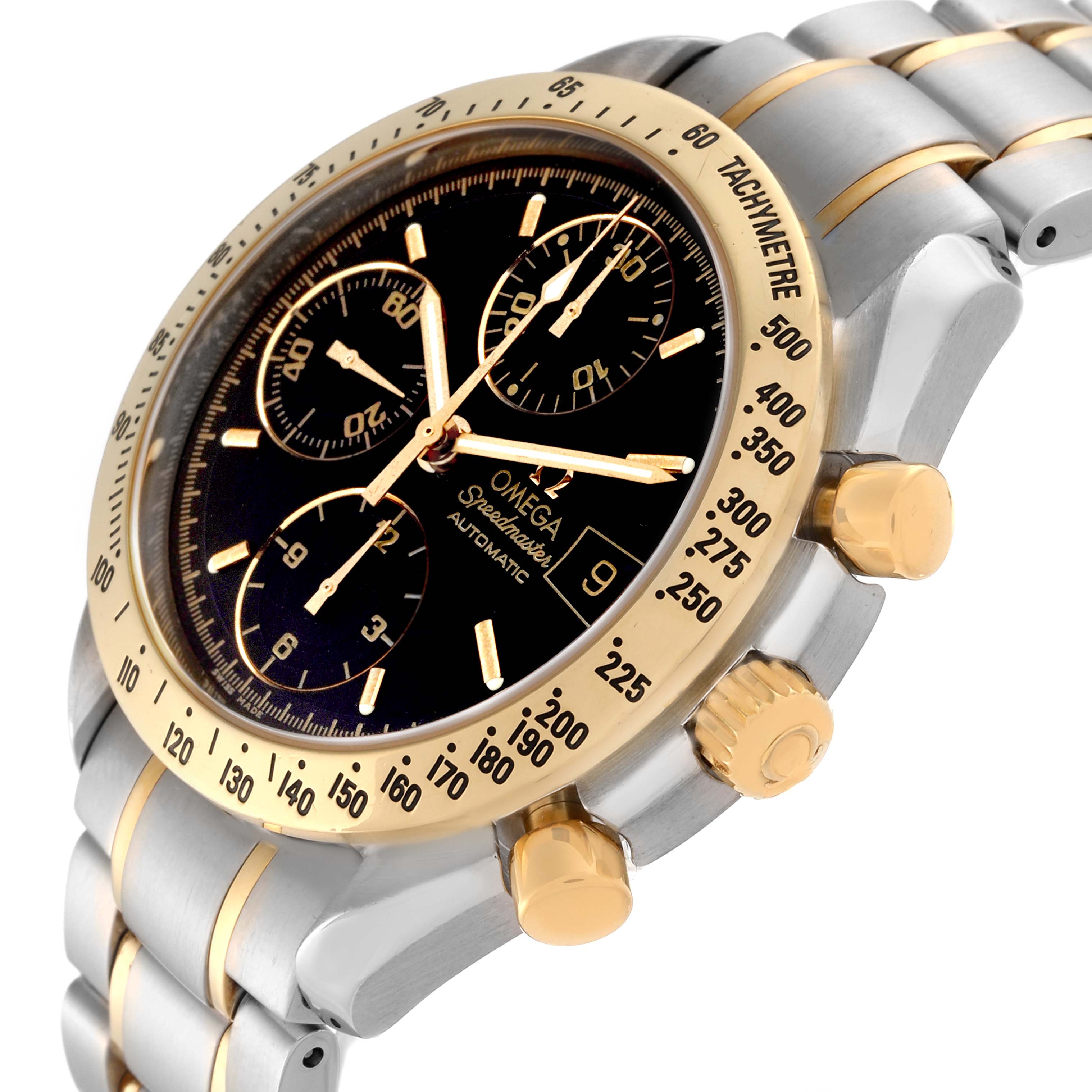 The image shows a side and front view of an Omega Speedmaster 3313.50.00 Men's Steel and Gold (two tone) Black Dial 3313.50.00 Men's Steel and Gold (two tone) Black Dial watch, showcasing the bezel, dial, and gold-accented bracelet.