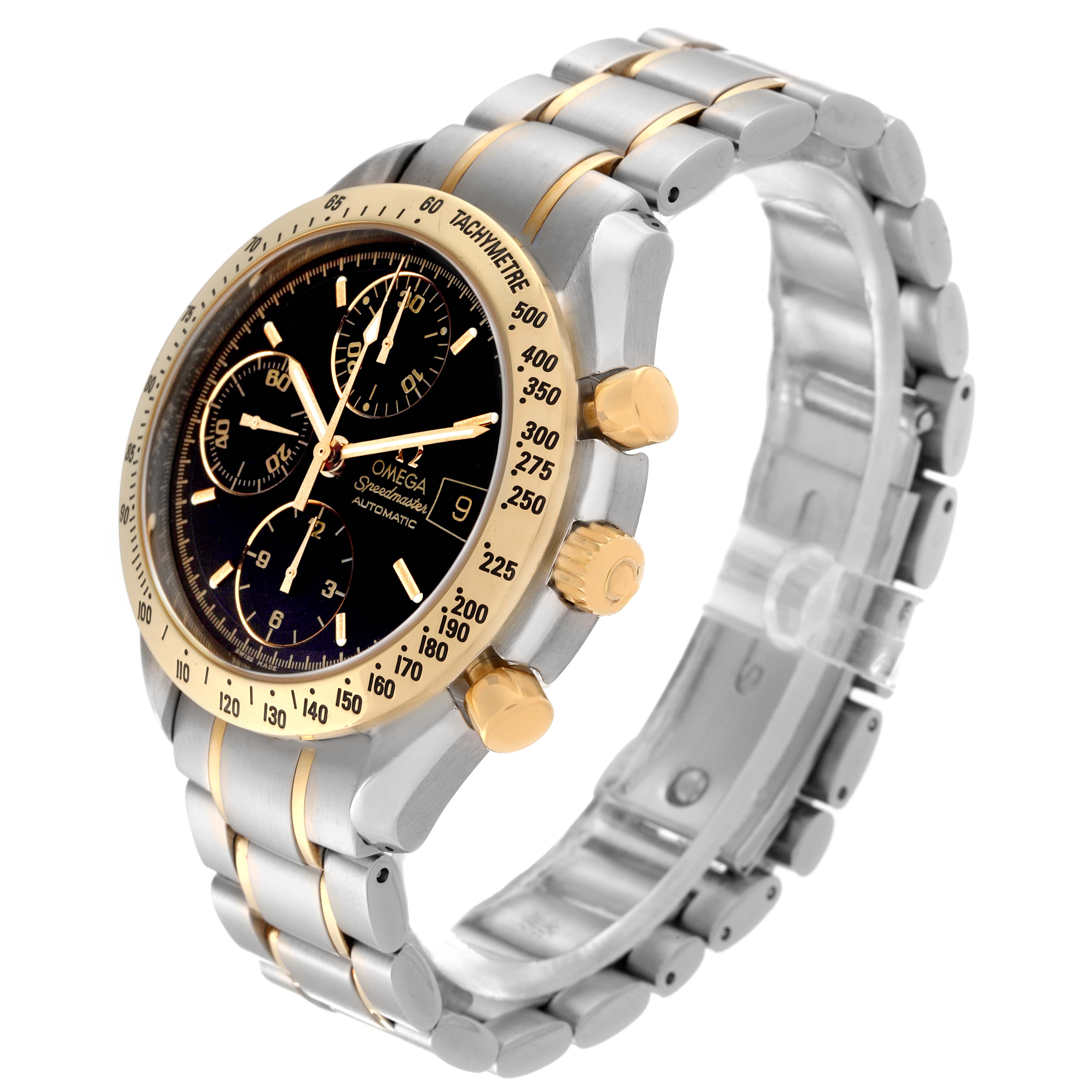 This Omega Speedmaster 3313.50.00 Men's Steel and Gold (two tone) Black Dial 3313.50.00 Men's Steel and Gold (two tone) Black Dial watch is shown from a side angle, showcasing its bezel, dial, crown, pushers, and metal bracelet.