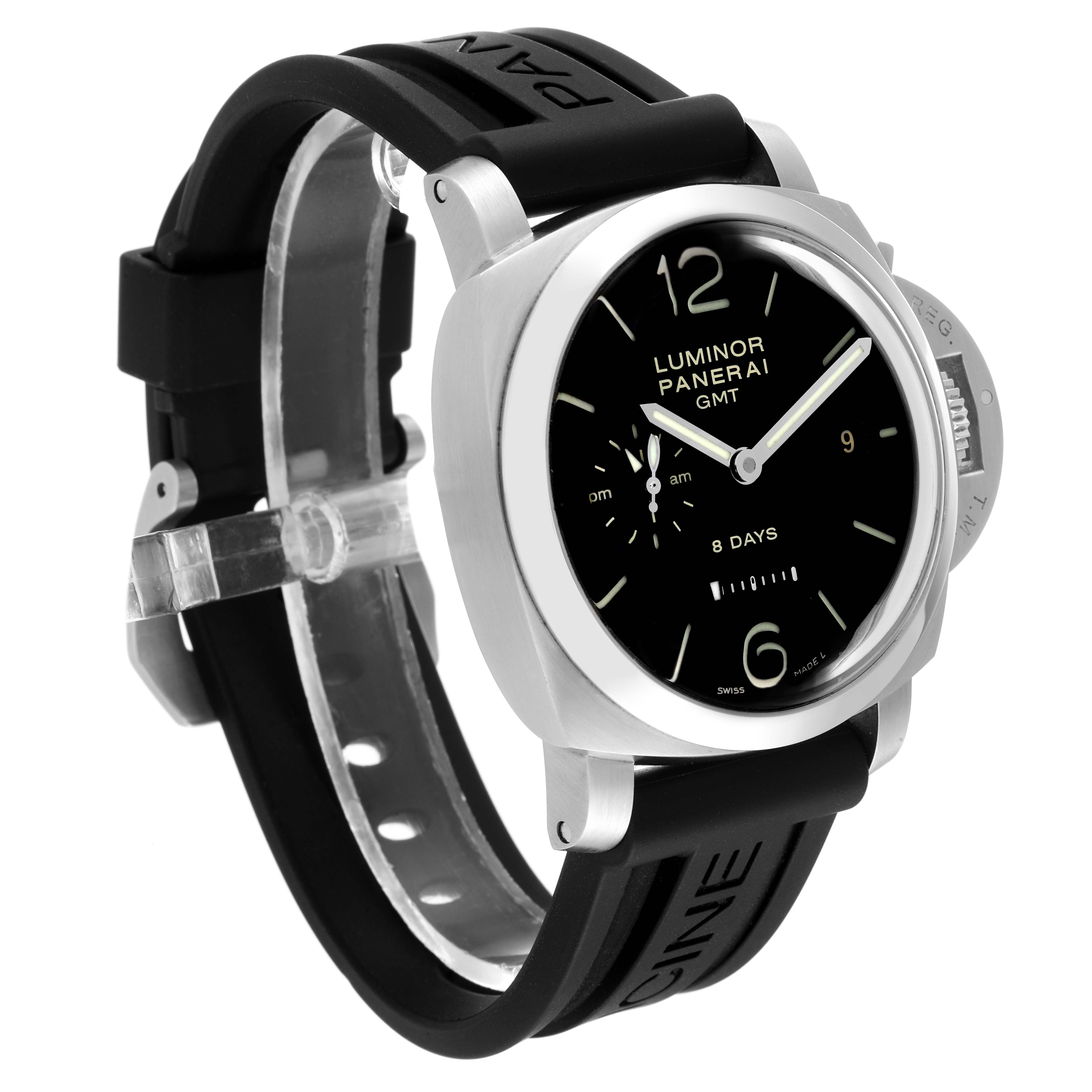 This image shows a Panerai Luminor PAM00233 Men
s Stainless Steel Black Dial PAM00233 Men
s Stainless Steel Black Dial watch at a three-quarter angle, highlighting the face, case, and rubber strap.