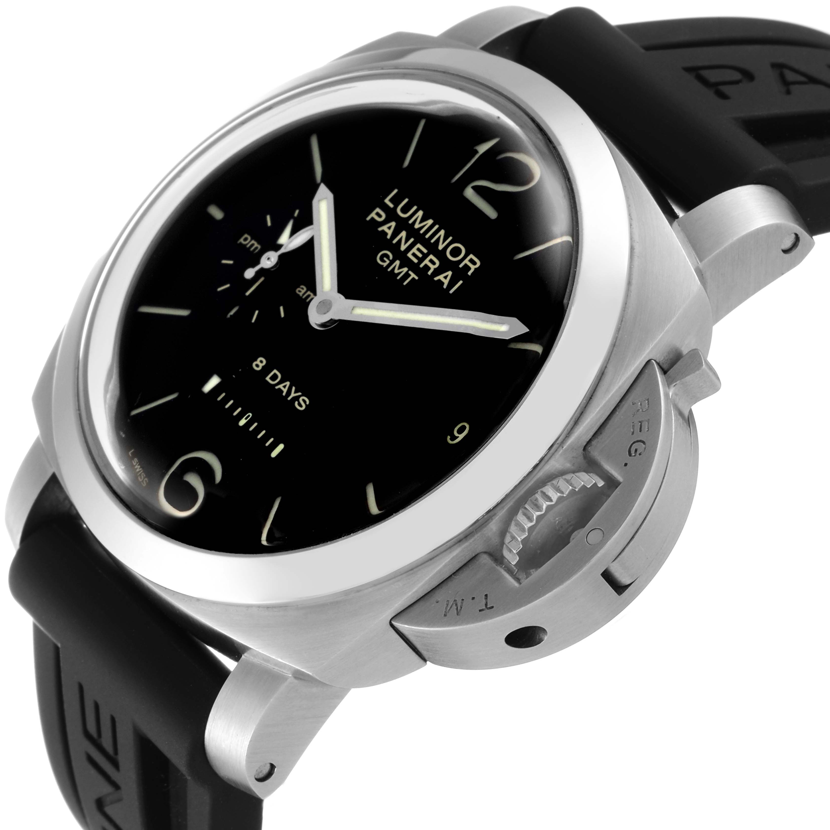 The Panerai Luminor PAM00233 Men
s Stainless Steel Black Dial PAM00233 Men
s Stainless Steel Black Dial watch is shown at an angle featuring the dial, case, crown guard, and part of the black strap.