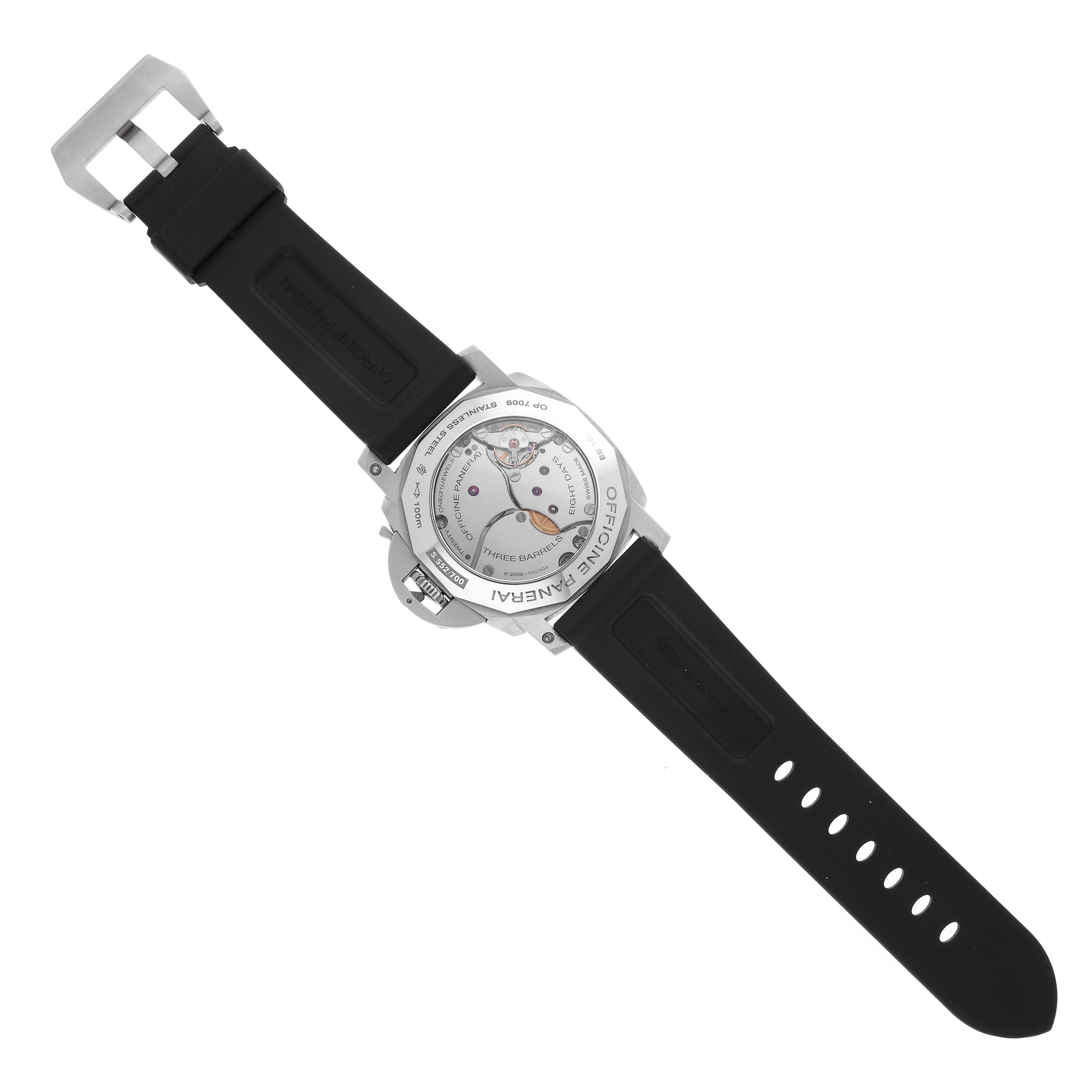 This image shows the back view of the Panerai Luminor PAM00233 Men
s Stainless Steel Black Dial PAM00233 Men
s Stainless Steel Black Dial watch, revealing its movement and black rubber strap.