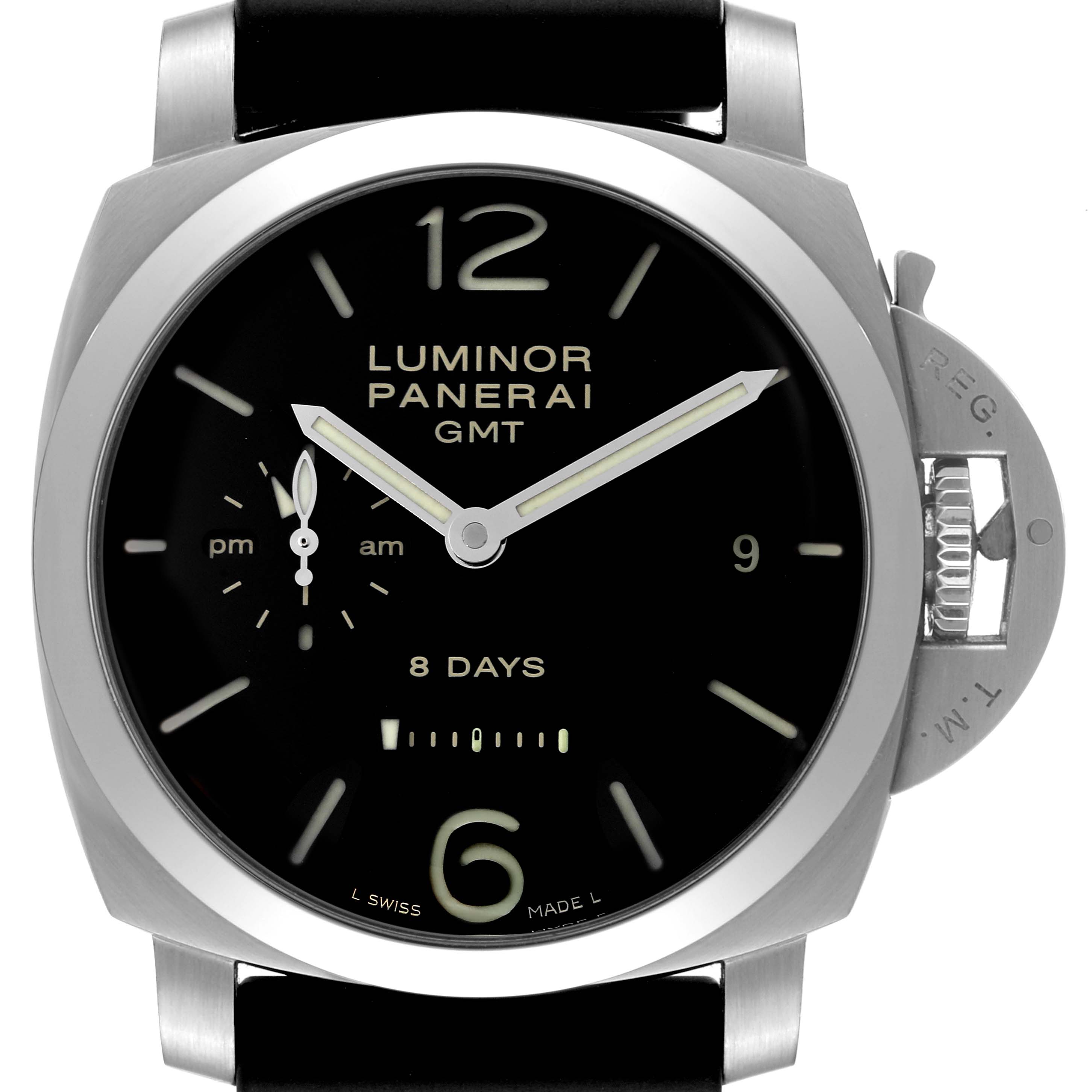 This image shows a front view of a Panerai Luminor PAM00233 Men
s Stainless Steel Black Dial PAM00233 Men
s Stainless Steel Black Dial GMT watch, including its face, hands, crown, and guard.