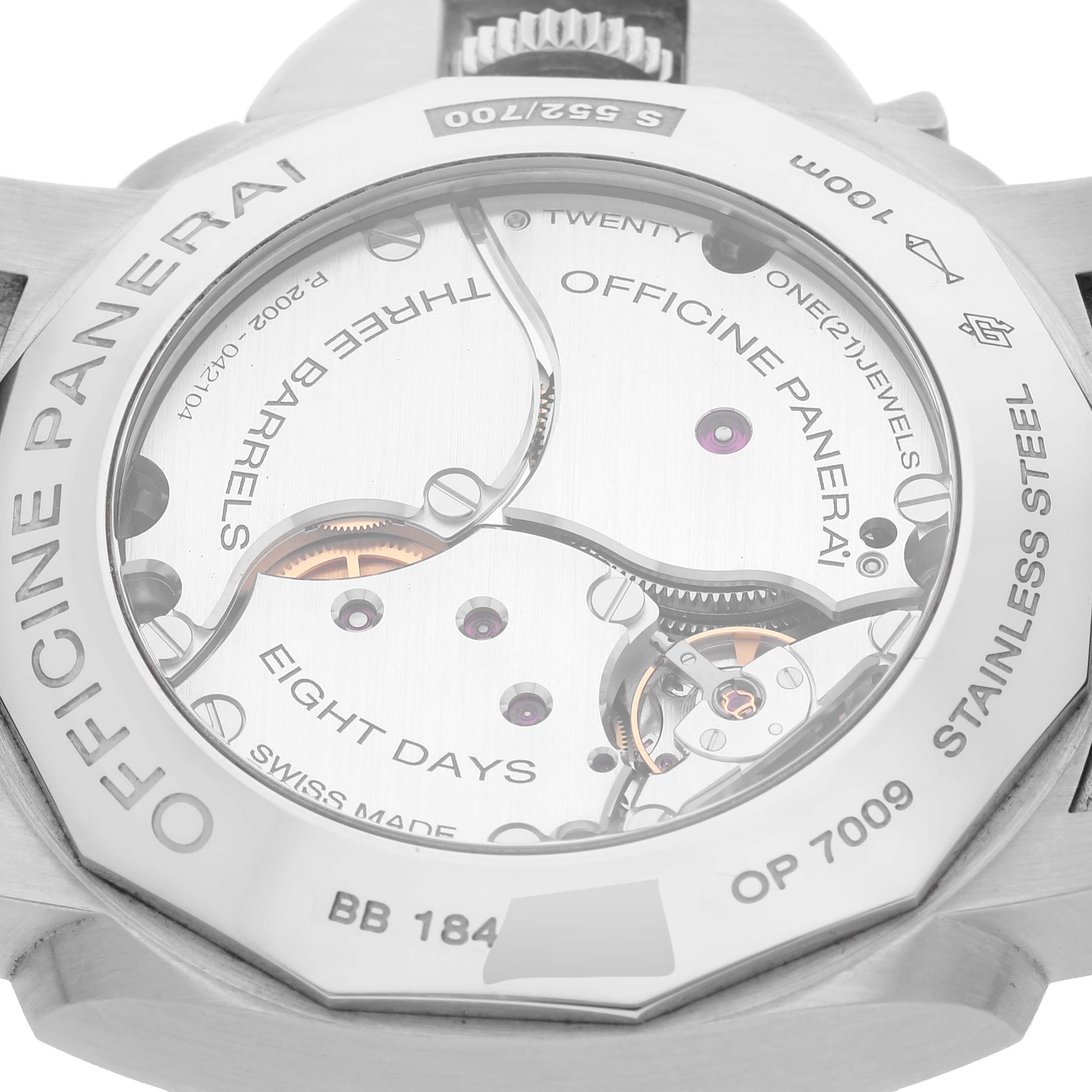 The image shows the backside and internal mechanism of a Panerai Luminor PAM00233 Men
s Stainless Steel Black Dial PAM00233 Men
s Stainless Steel Black Dial watch, highlighting its movement and details.