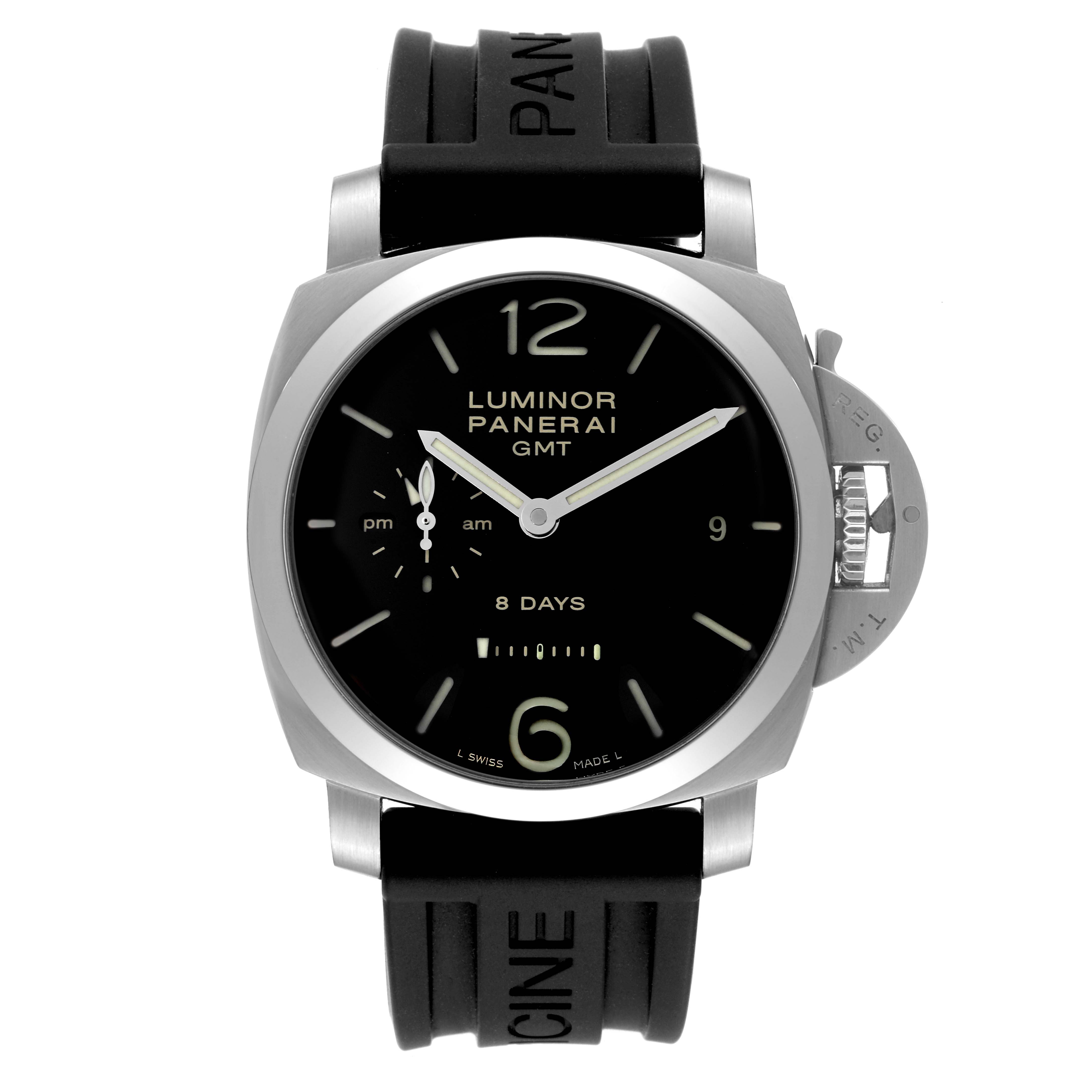 The image shows a front view of the Panerai Luminor PAM00233 Men
s Stainless Steel Black Dial PAM00233 Men
s Stainless Steel Black Dial watch, highlighting its dial, straps, and crown guard.