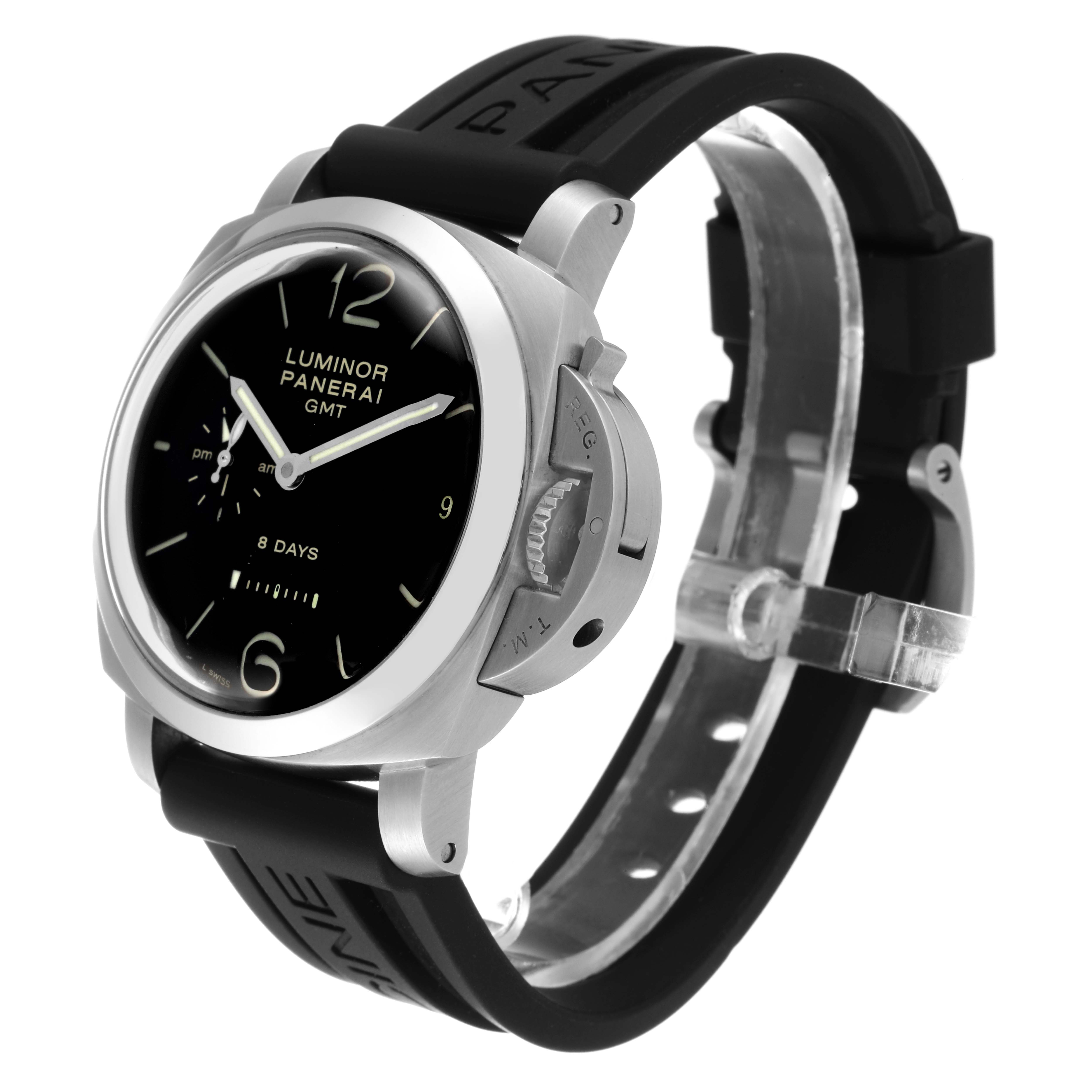 The Panerai Luminor PAM00233 Men
s Stainless Steel Black Dial PAM00233 Men
s Stainless Steel Black Dial watch is shown at a three-quarter angle, highlighting the face, bezel, crown guard, and black rubber strap.