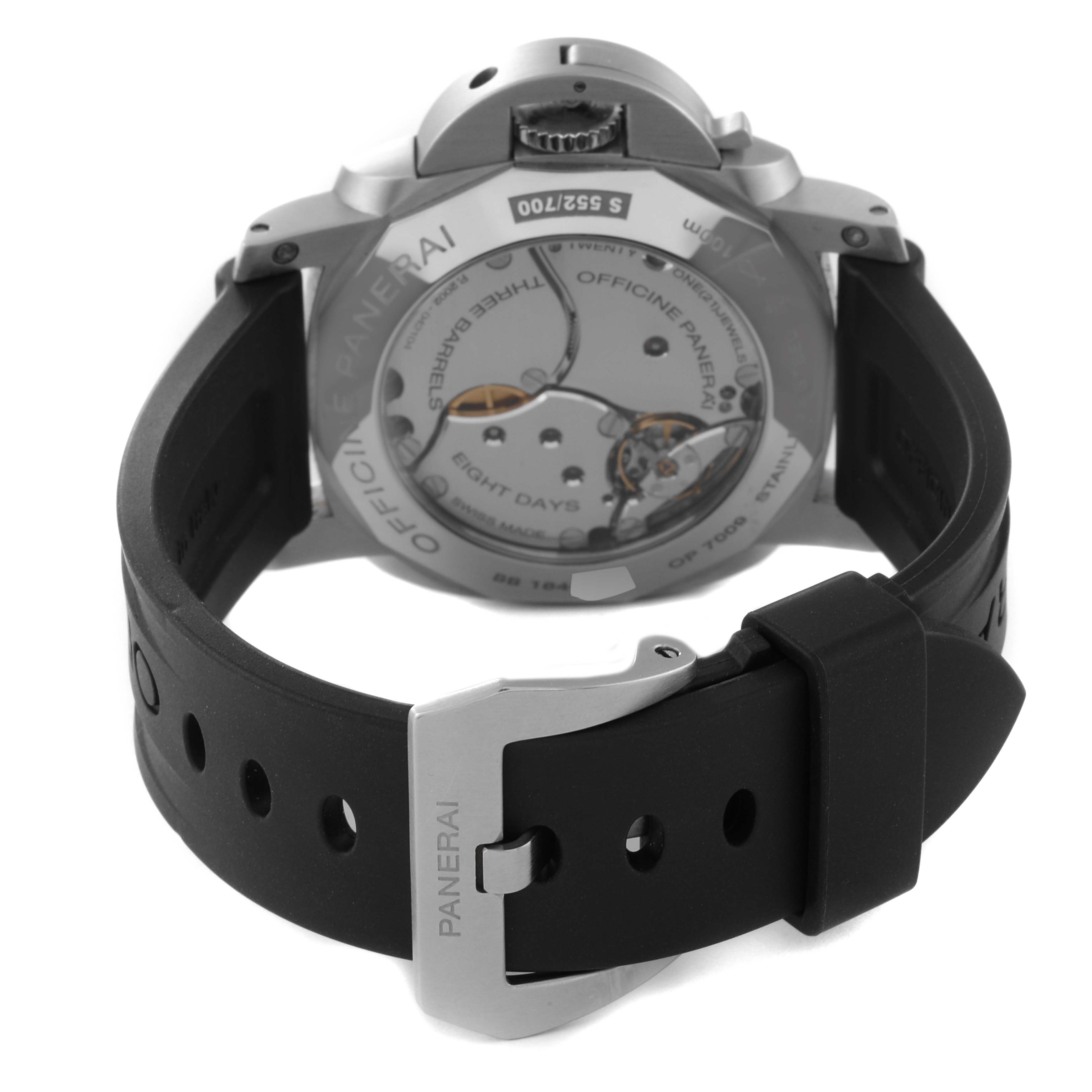 The image shows the back view of the Panerai Luminor PAM00233 Men
s Stainless Steel Black Dial PAM00233 Men
s Stainless Steel Black Dial watch, highlighting its movement and a rubber strap with a Panerai buckle.