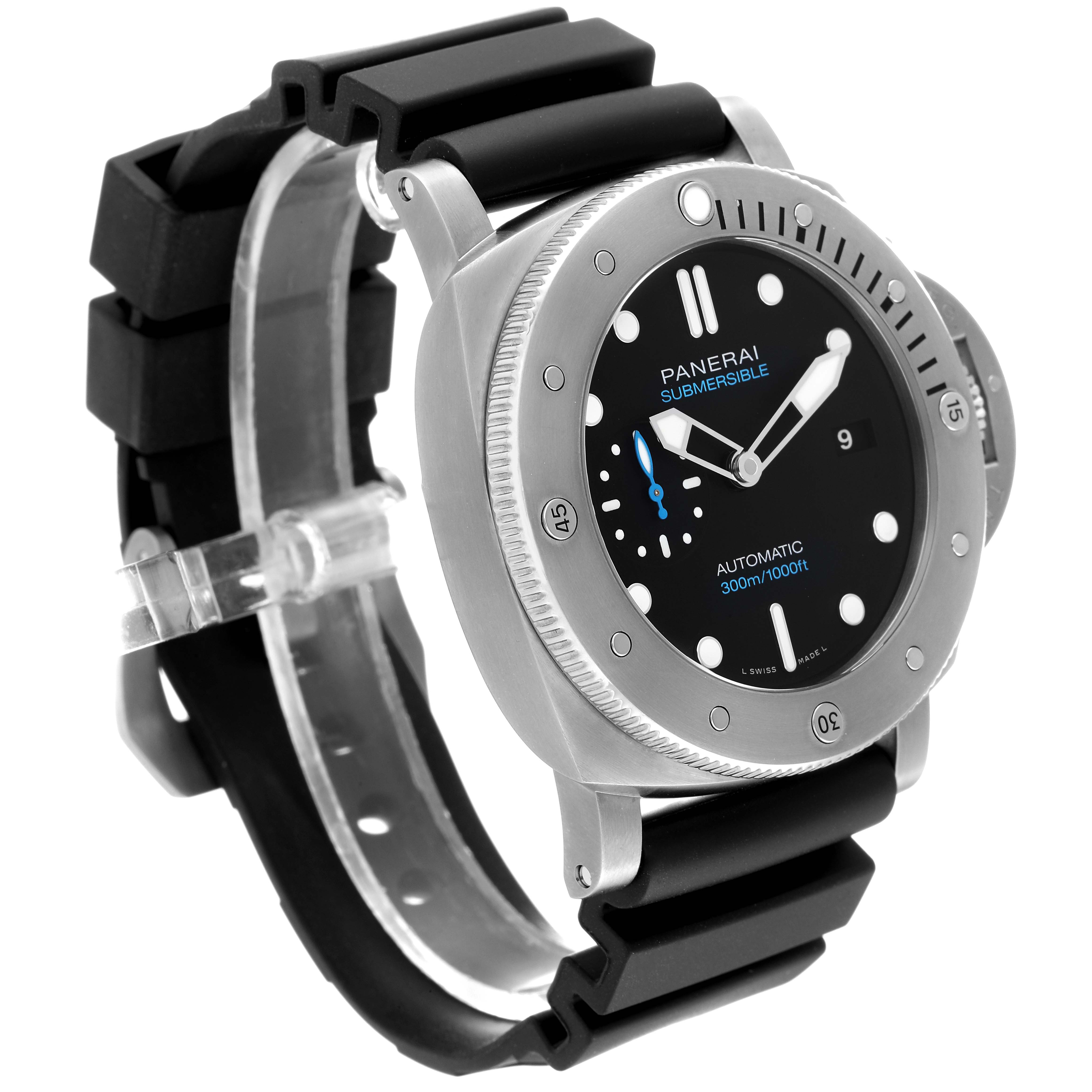 The image shows a Panerai Submersible PAM01305 Men's Titanium Black Dial PAM01305 Men's Titanium Black Dial watch at an angle highlighting its face, bezel, and black rubber strap.