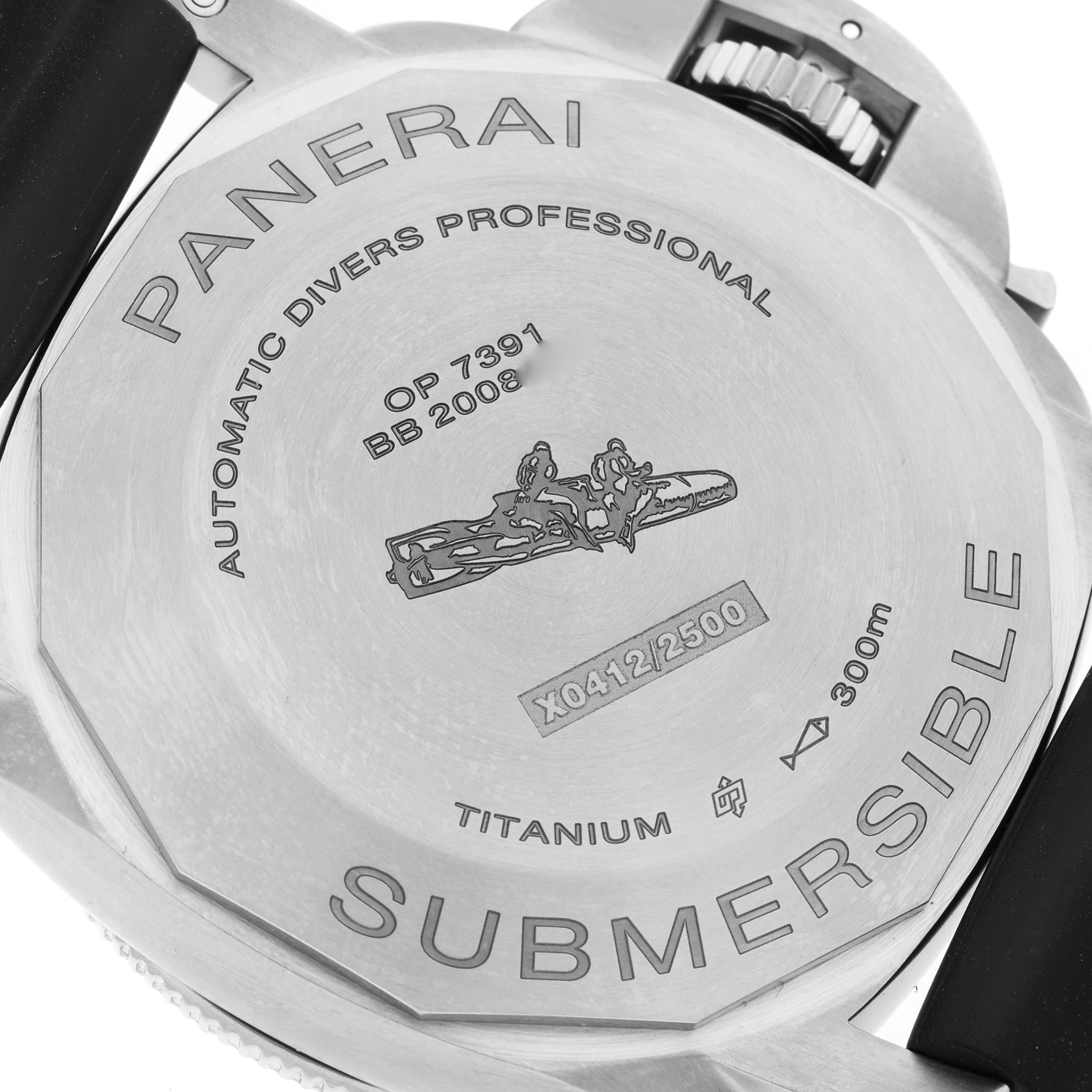The image shows the case back of the Panerai Submersible PAM01305 Men's Titanium Black Dial PAM01305 Men's Titanium Black Dial watch from a close-up angle.