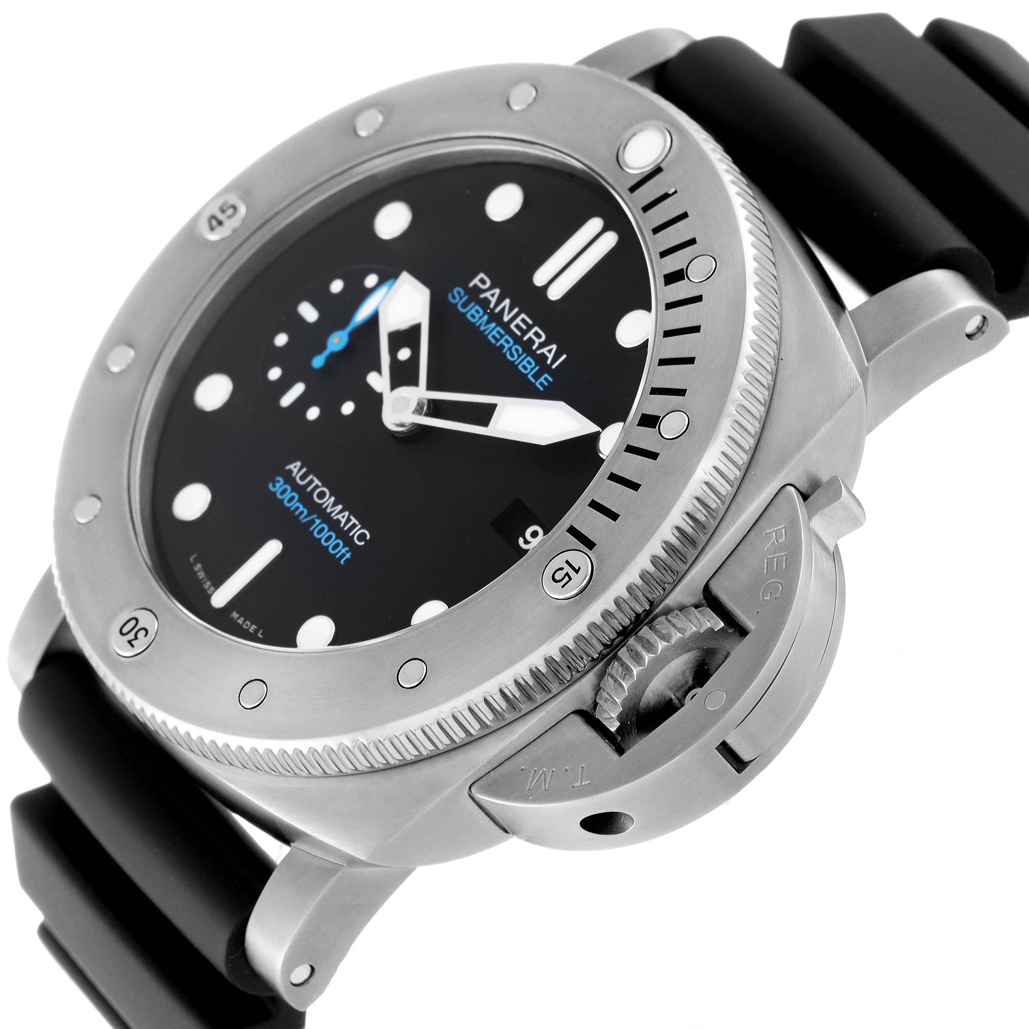 The image shows a close-up angle of the Panerai Submersible PAM01305 Men's Titanium Black Dial PAM01305 Men's Titanium Black Dial watch, highlighting the bezel, dial, and crown guard.