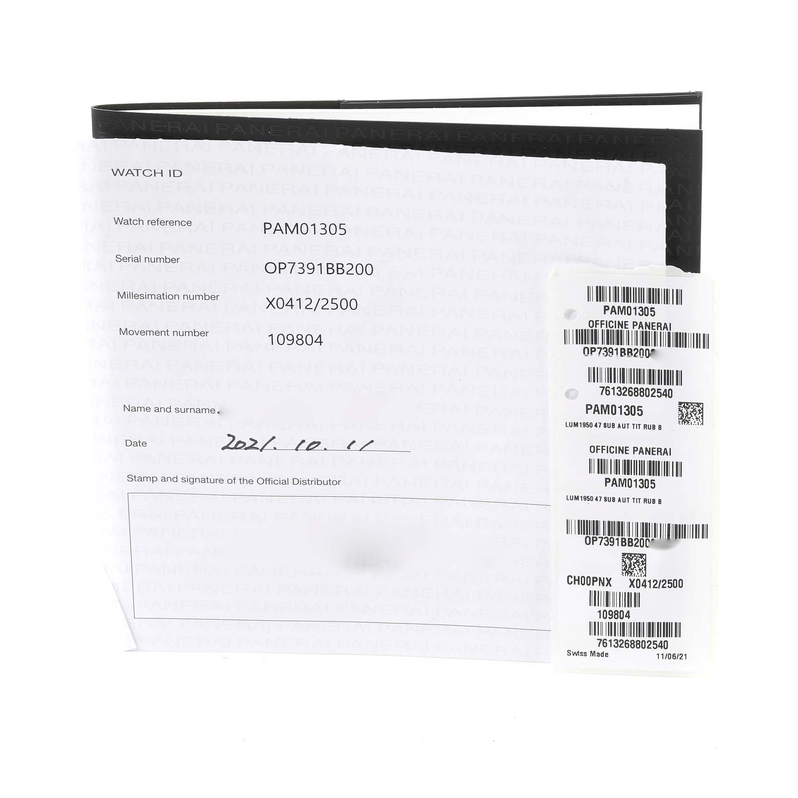 The image shows the warranty card and documentation for a Panerai Submersible PAM01305 Men's Titanium Black Dial PAM01305 Men's Titanium Black Dial model PAM01305.