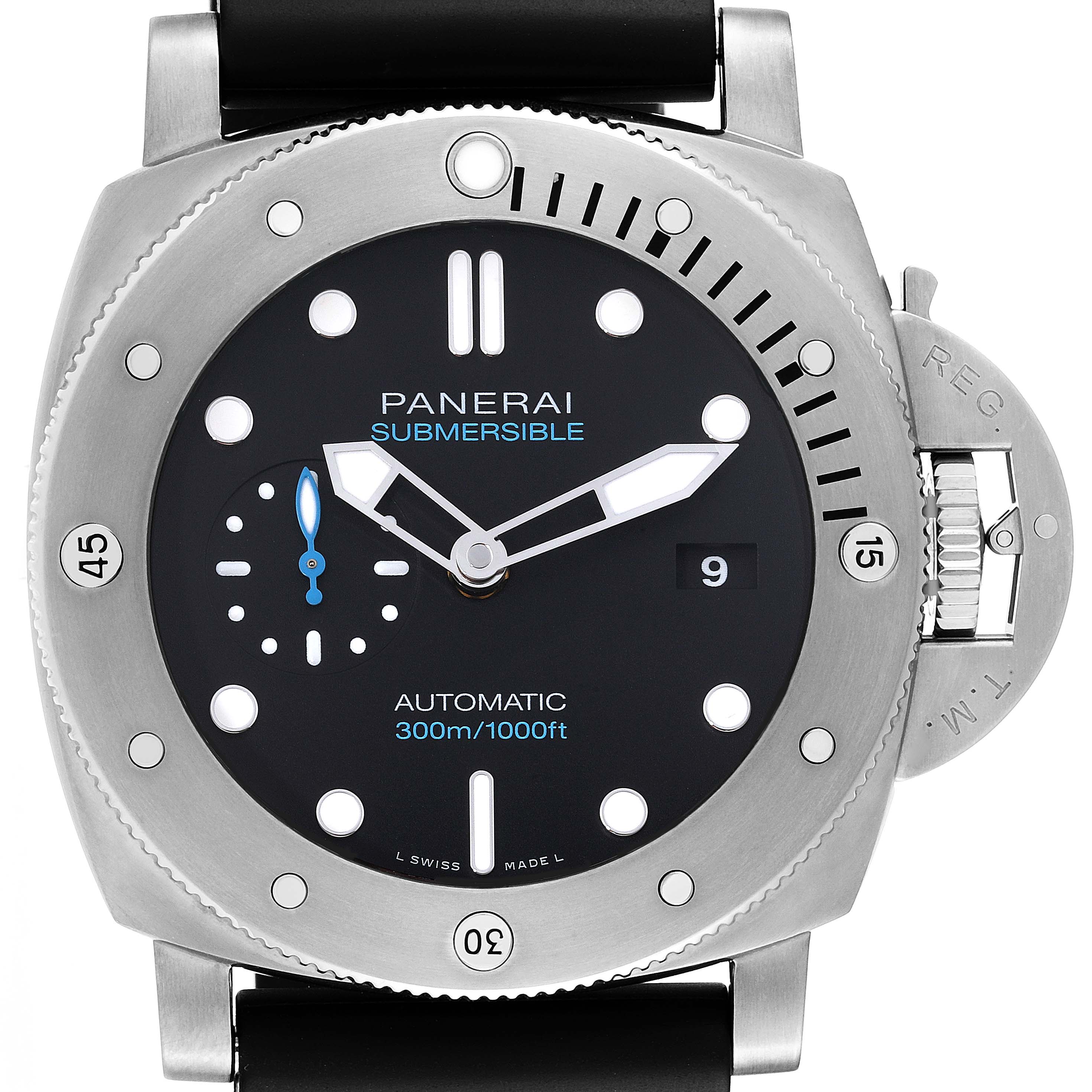 The Panerai Submersible PAM01305 Men's Titanium Black Dial PAM01305 Men's Titanium Black Dial watch is shown from a front angle, displaying the dial, bezel, and strap attachment points.