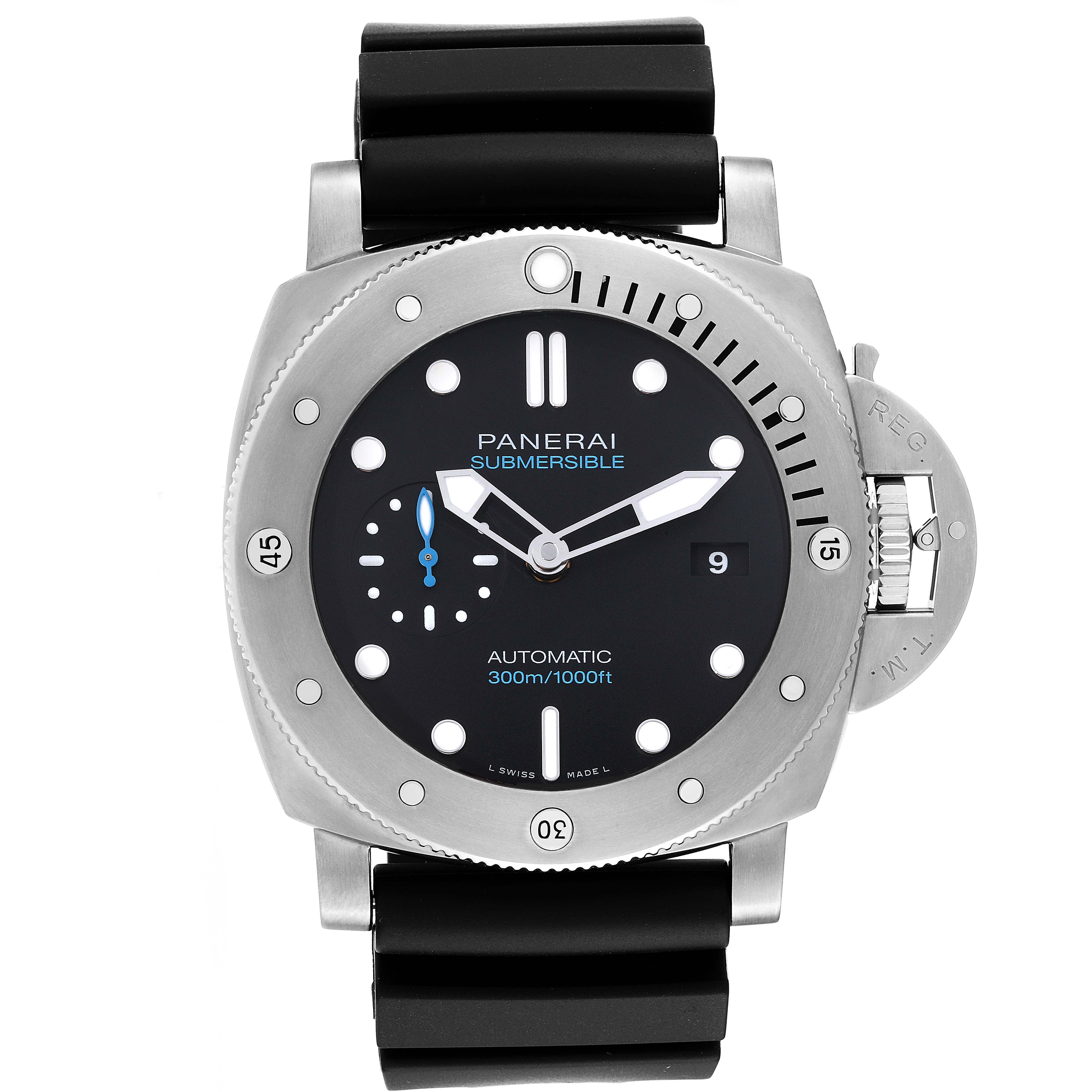 This is a front view of a Panerai Submersible PAM01305 Men's Titanium Black Dial PAM01305 Men's Titanium Black Dial watch showing the watch face, bezel, and strap.