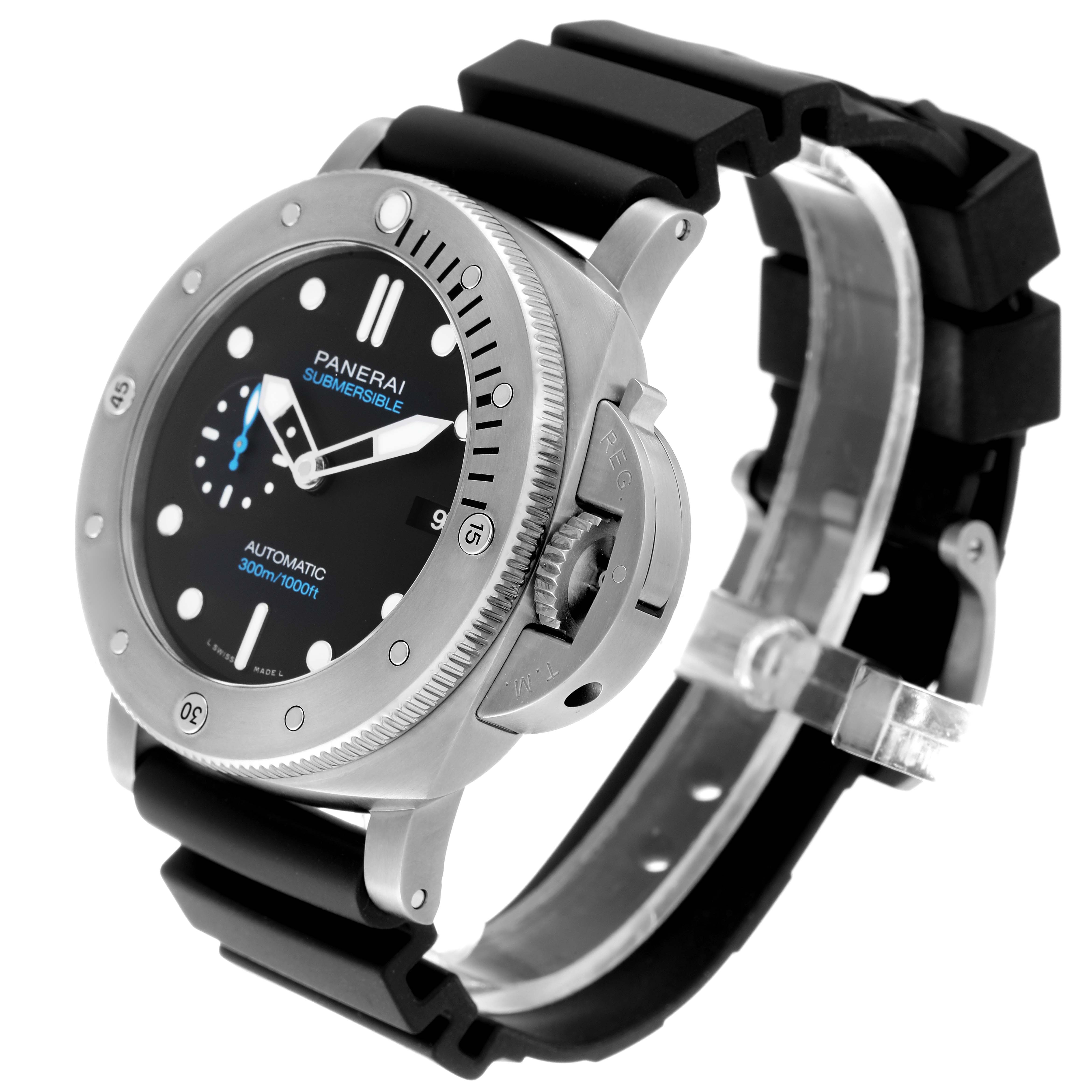 The Panerai Submersible PAM01305 Men's Titanium Black Dial PAM01305 Men's Titanium Black Dial watch shown is angled from the top-right, featuring its bezel, dial, and rubber strap.