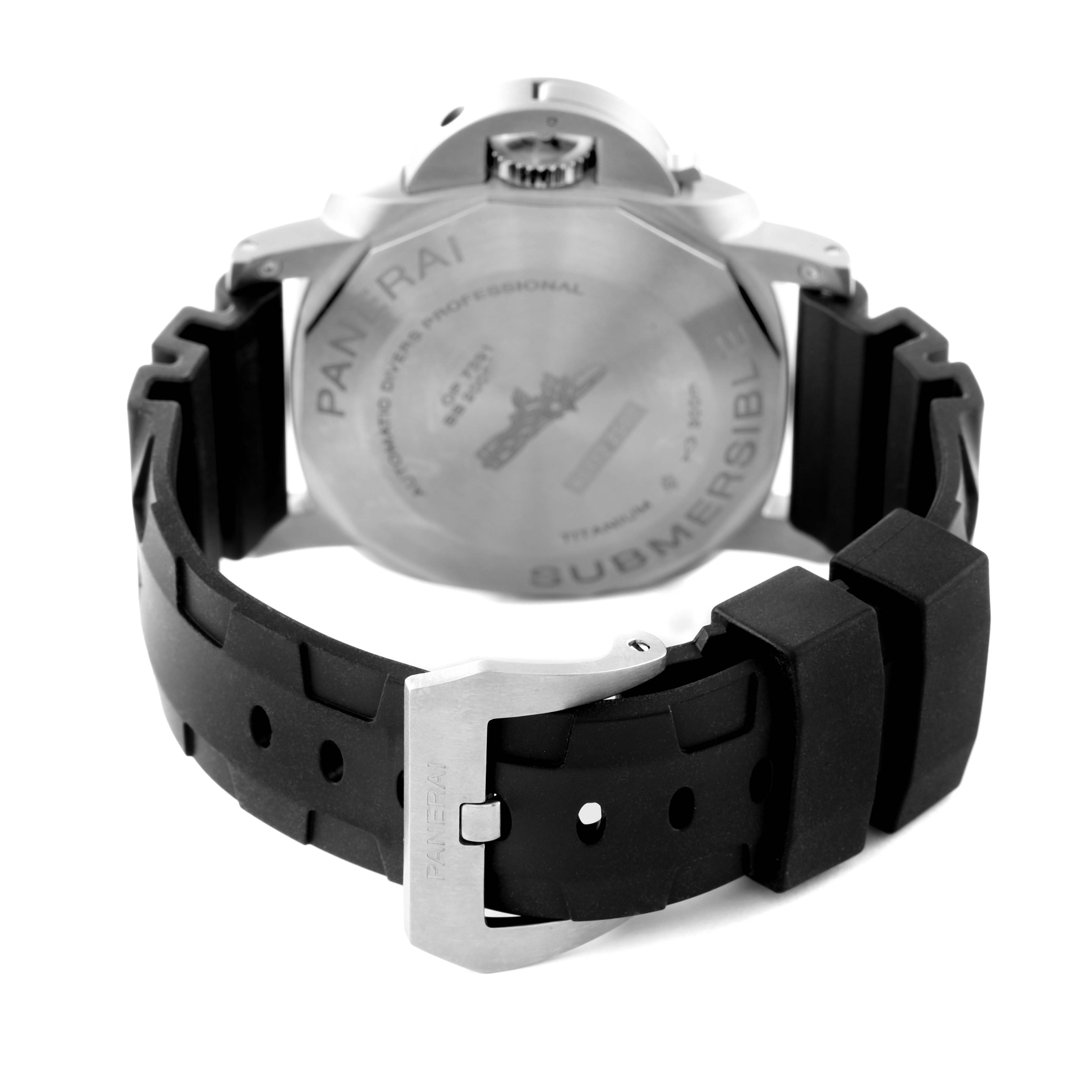This image shows the back angle of a Panerai Submersible PAM01305 Men's Titanium Black Dial PAM01305 Men's Titanium Black Dial watch, highlighting its case back and black rubber strap.