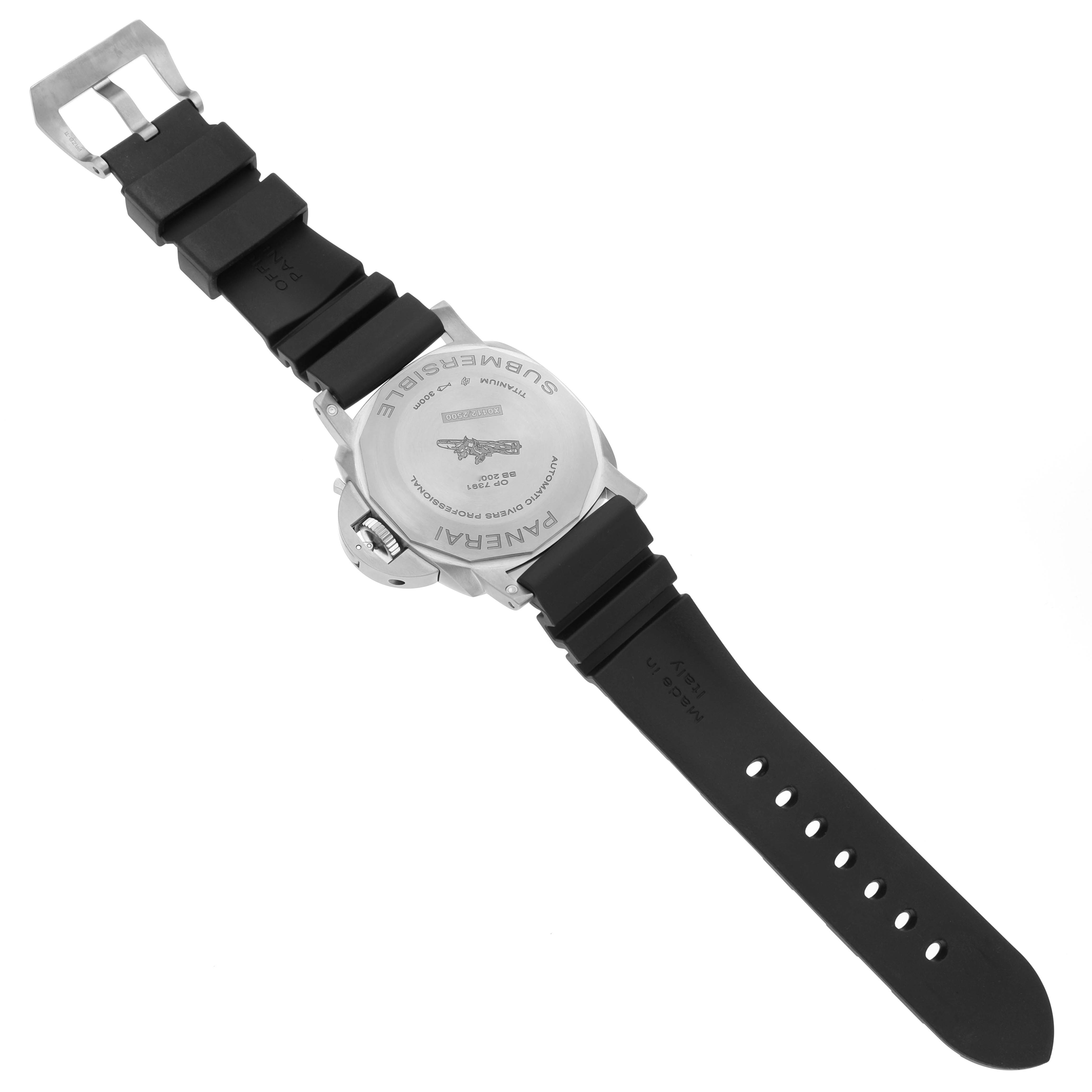 The image shows the back case and rubber strap of a Panerai Submersible PAM01305 Men's Titanium Black Dial PAM01305 Men's Titanium Black Dial watch, displaying the engraved details.
