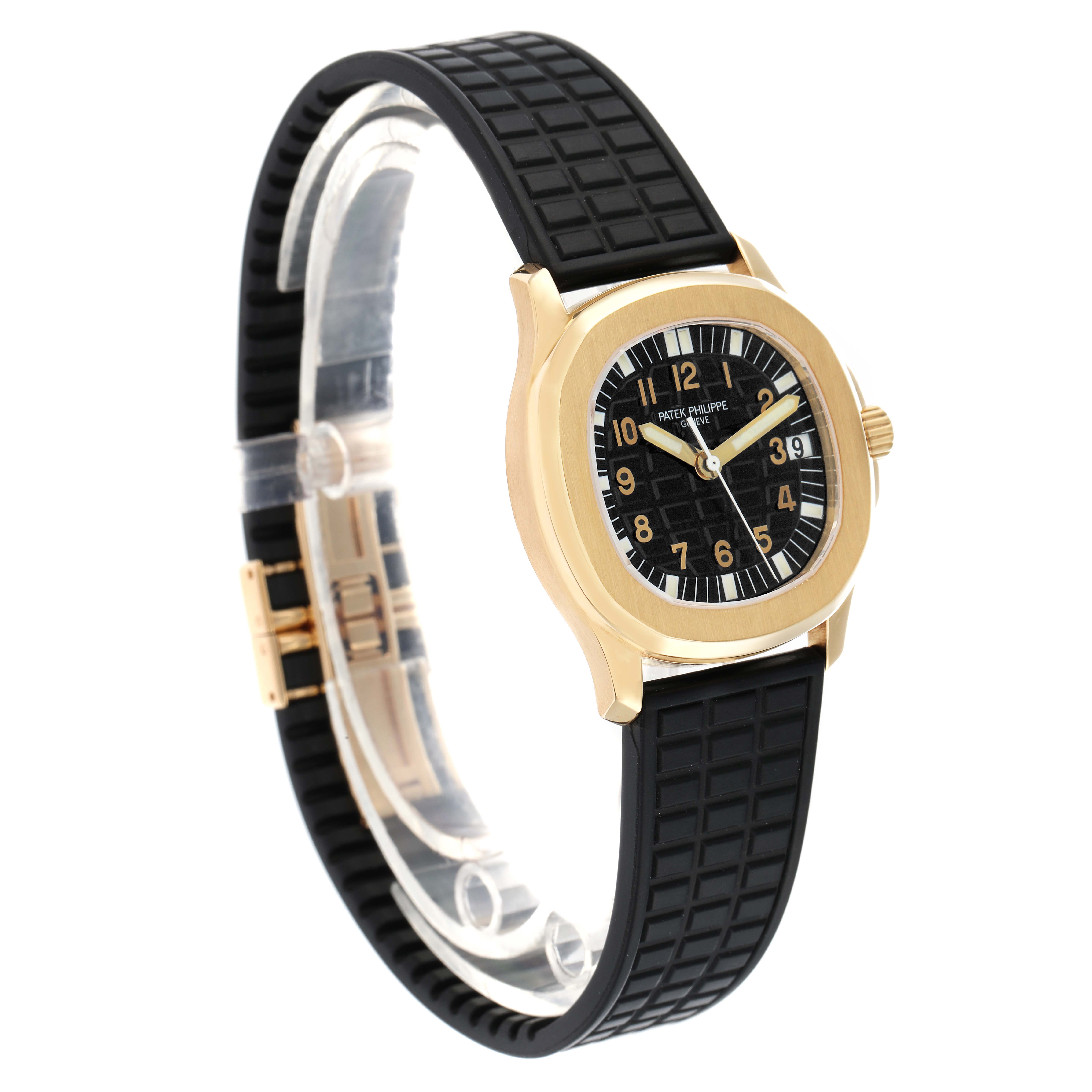 The Patek Philippe Aquanaut 5066J Men
s Yellow Gold Black Dial watch is shown at an angle highlighting the front, strap, and case.