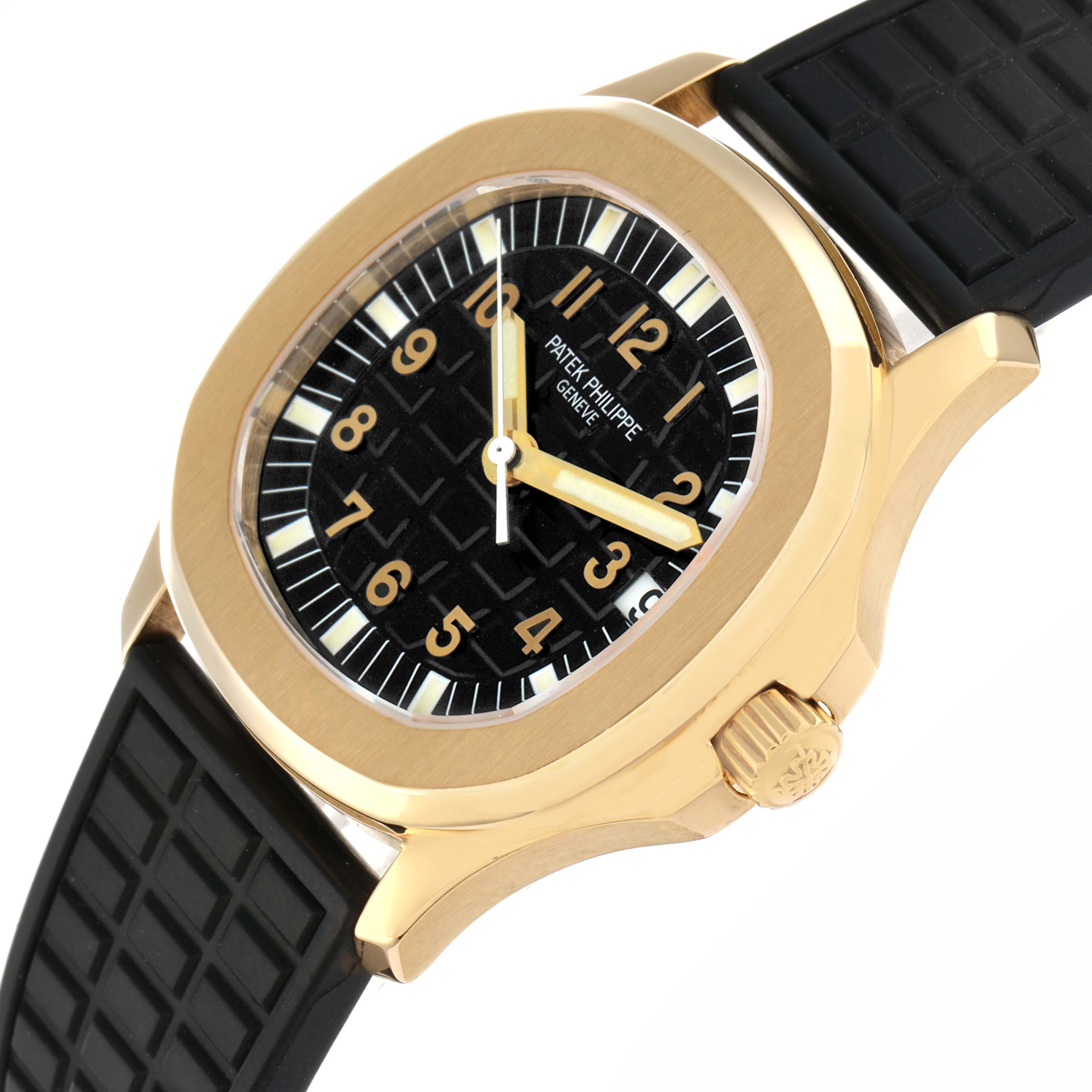 The Patek Philippe Aquanaut 5066J Men
s Yellow Gold Black Dial watch is shown from a top side angle, highlighting the dial, bezel, and rubber strap.